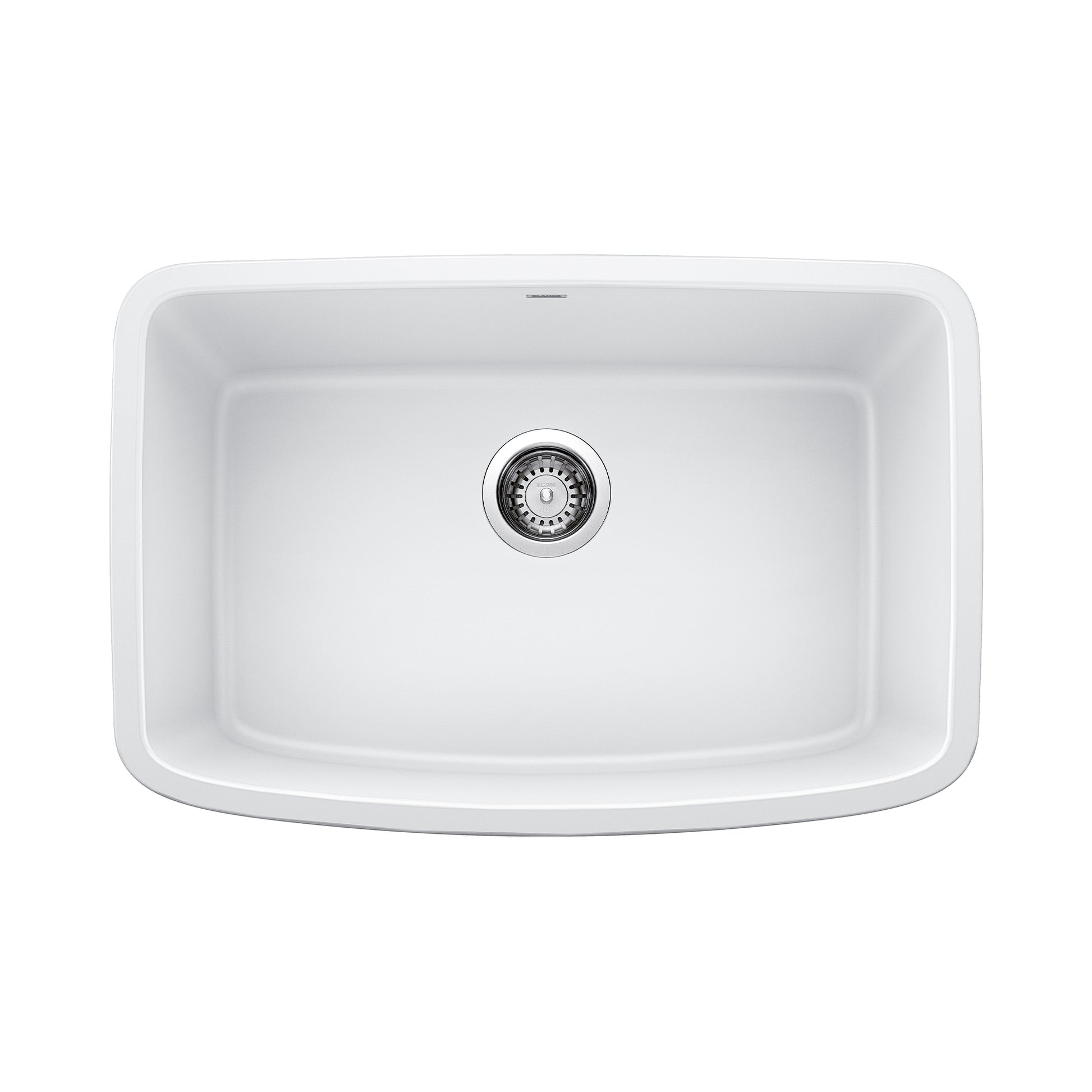 White single undermount kitchen sink with rounded edges and chrome drain strainer, viewed from above.