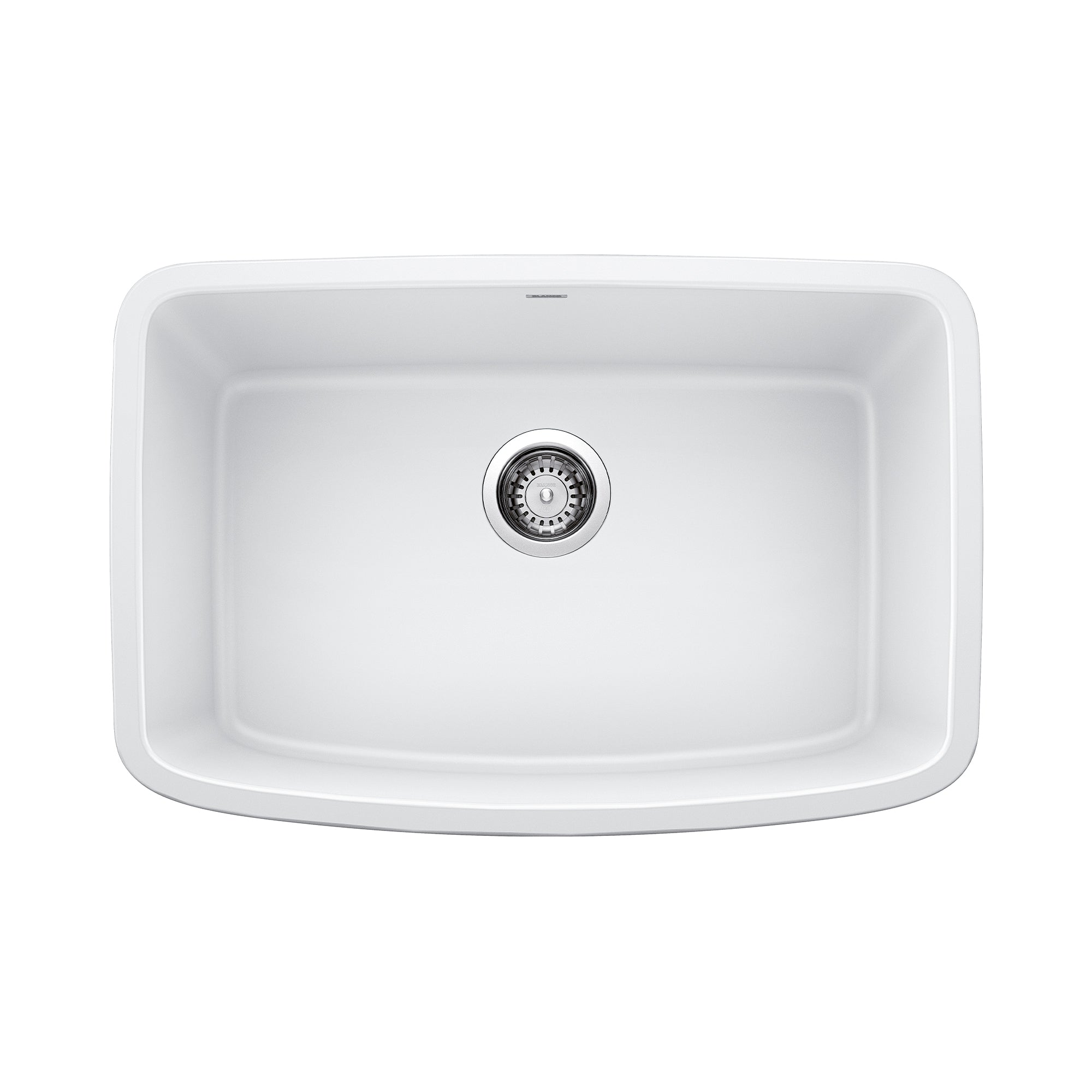 White single undermount kitchen sink with rounded edges and chrome drain strainer, viewed from above.