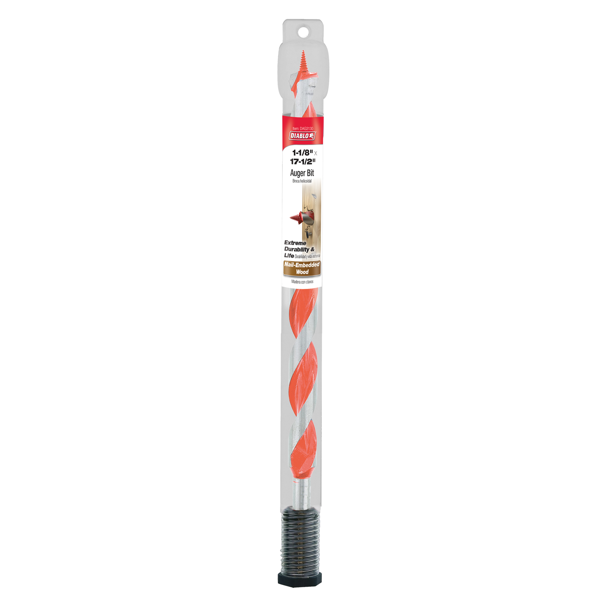 Diablo 1-1/8 inch auger bit with red flutes and threaded shank in clear plastic packaging.