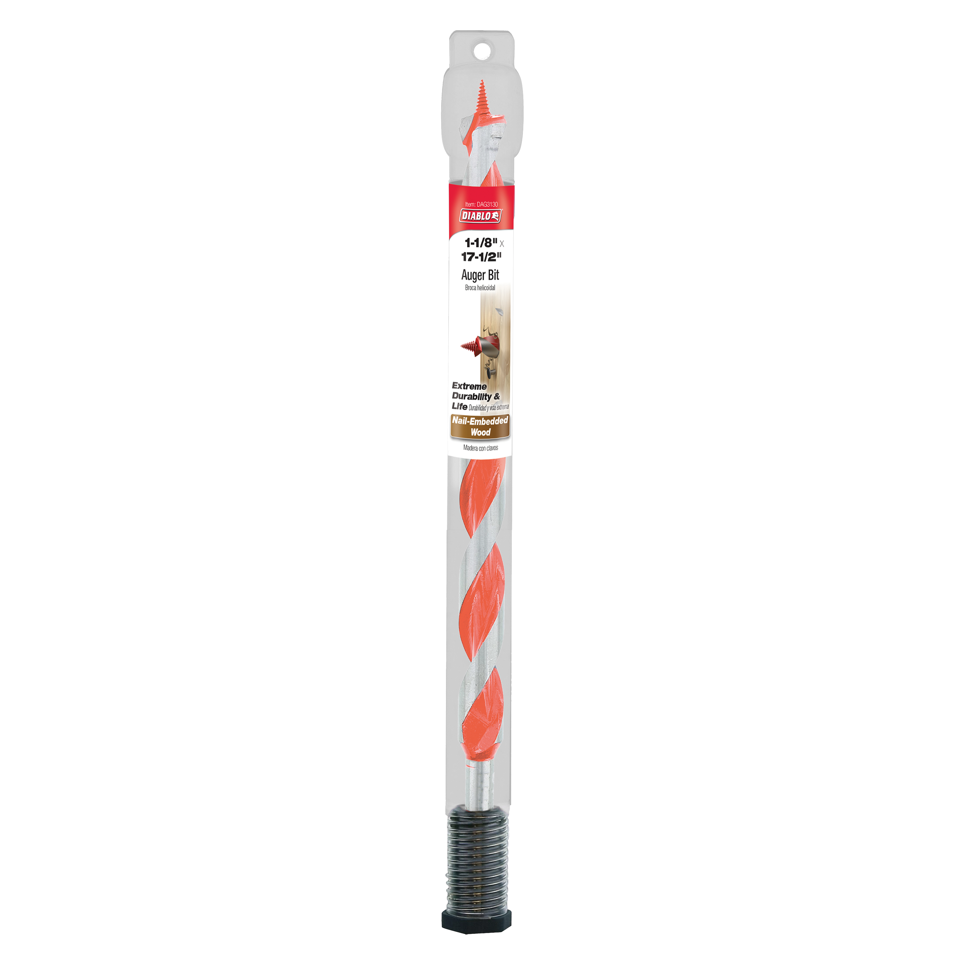 Diablo 1-1/8 inch auger bit with red flutes and threaded shank in clear plastic packaging.