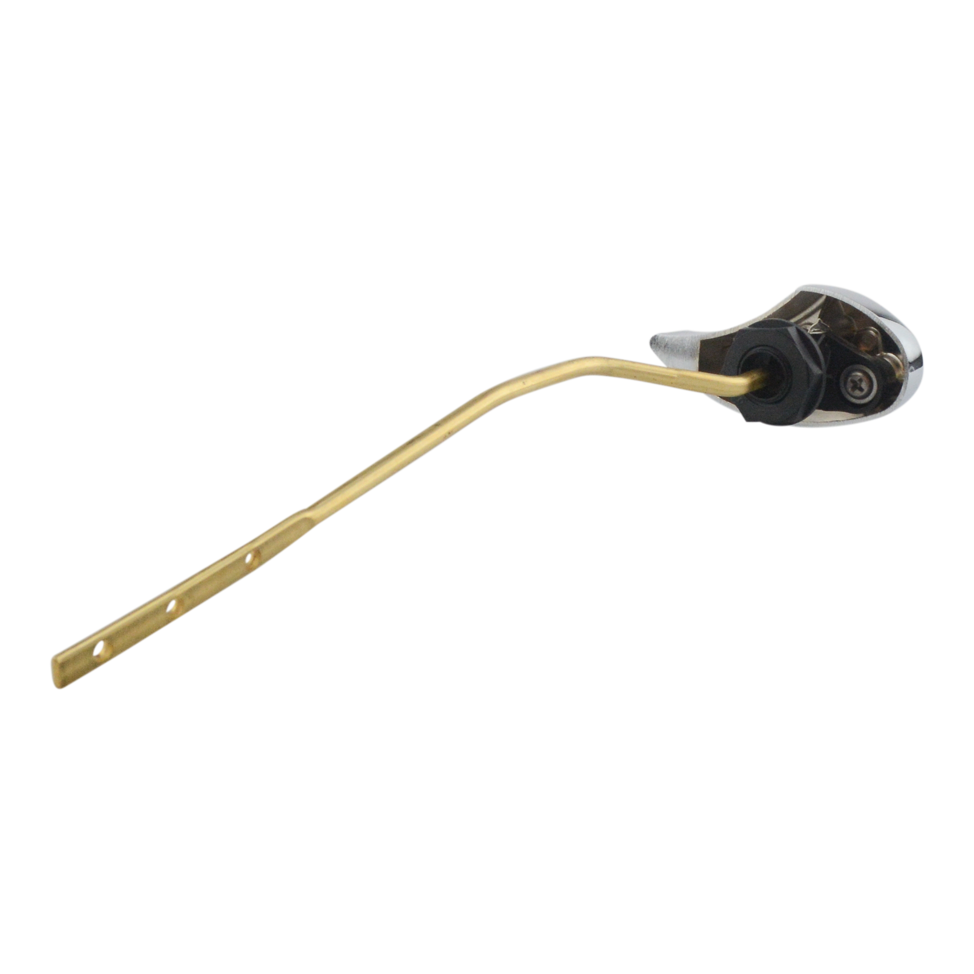 Polished chrome trip lever with brass rod and black plastic connector head for Toto toilet tank.
