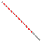 Red and gray spiral carbide-tipped hammer drill bit with fluted shaft and cylindrical shank.