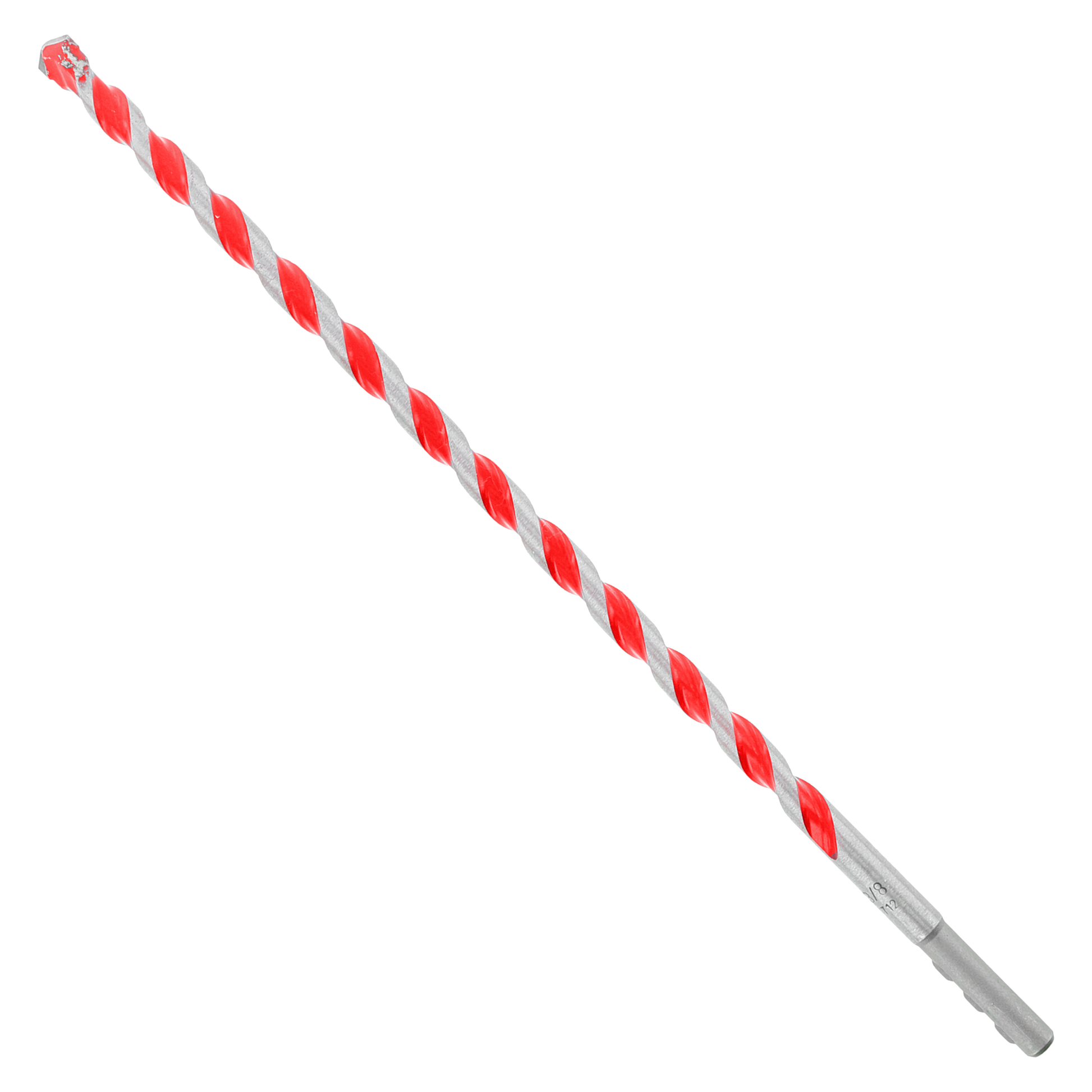 Red and gray spiral carbide-tipped hammer drill bit with fluted shaft and cylindrical shank.