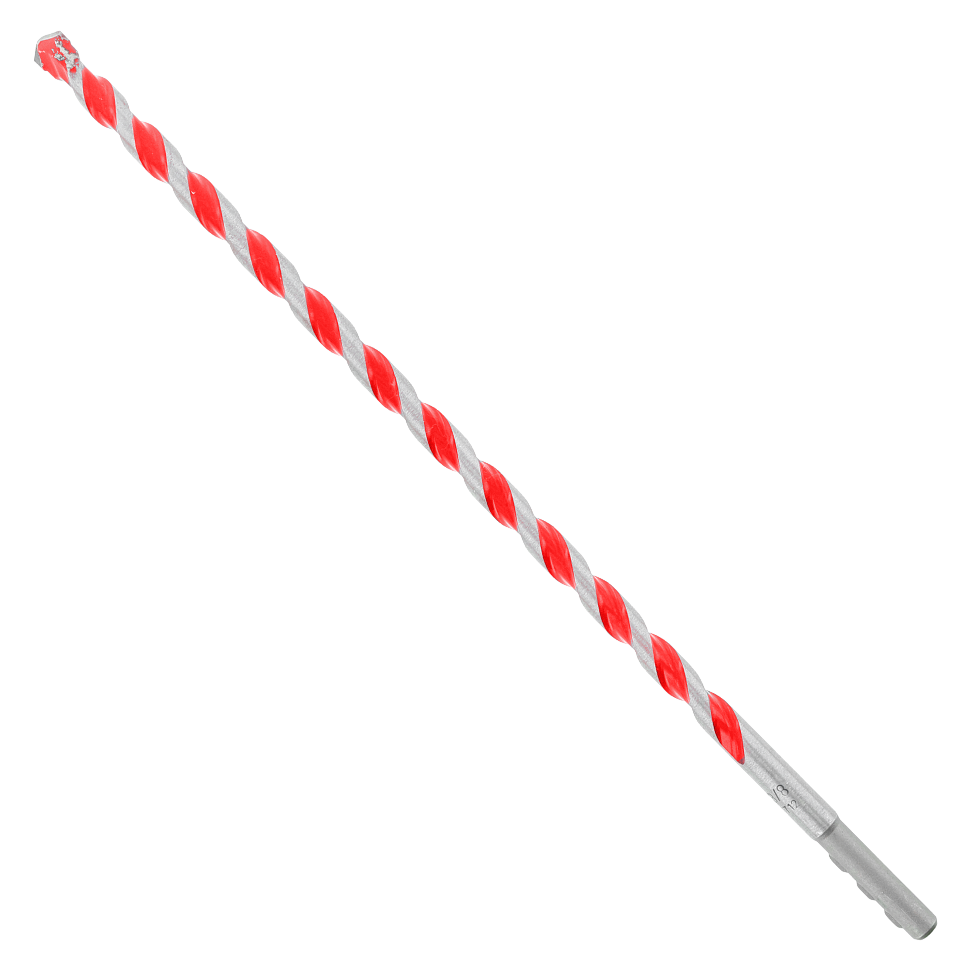 Red and gray spiral carbide-tipped hammer drill bit with fluted shaft and cylindrical shank.