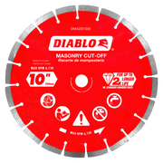 Red diamond segmented cut-off disc with gray teeth around perimeter and center hole, labeled Diablo DMADS1000 10 inch masonry