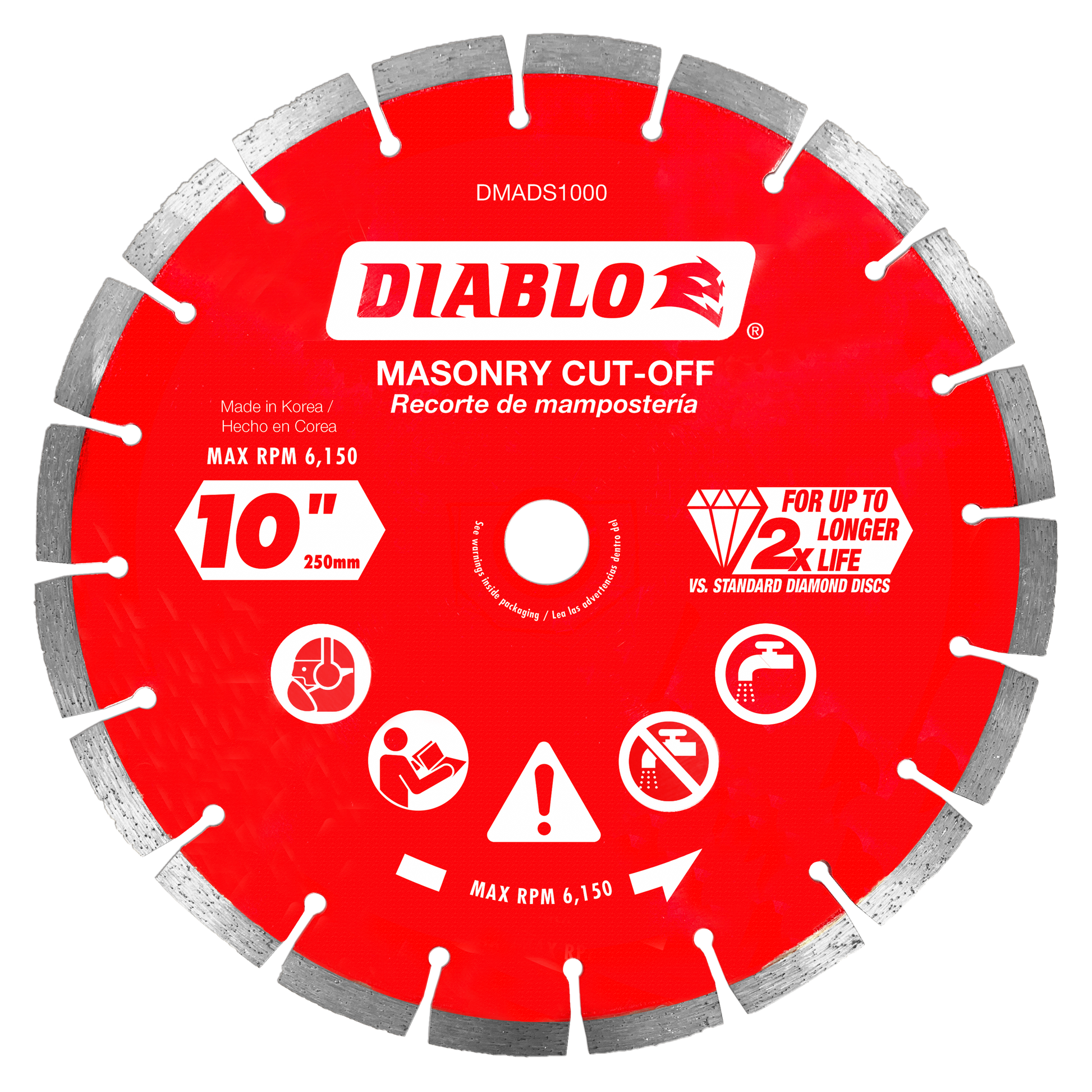 Red diamond segmented cut-off disc with gray teeth around perimeter and center hole, labeled Diablo DMADS1000 10 inch masonry