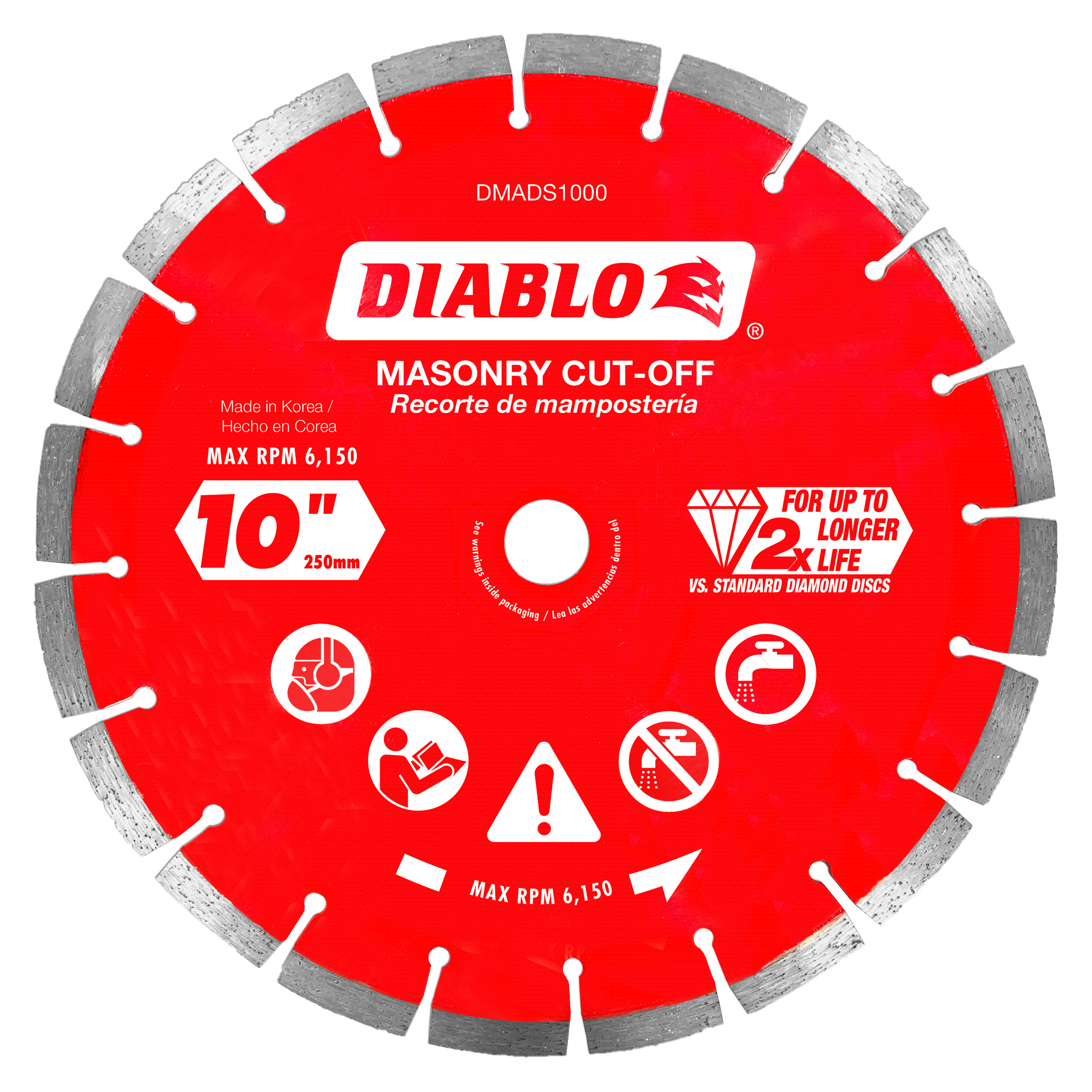 Red diamond segmented cut-off disc with gray teeth around perimeter and center hole, labeled Diablo DMADS1000 10 inch masonry