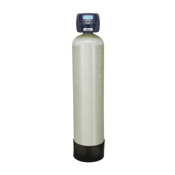 Tall cylindrical water filter tank with fiberglass body, black control head with digital display, and black base.