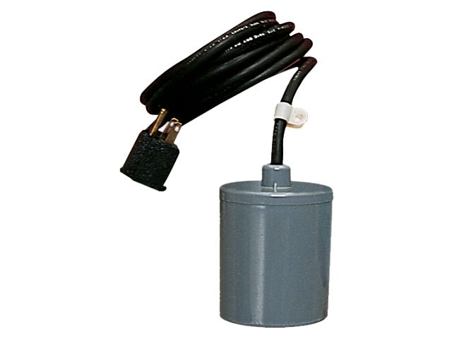 Black float switch with cord attached to gray cylindrical float chamber.