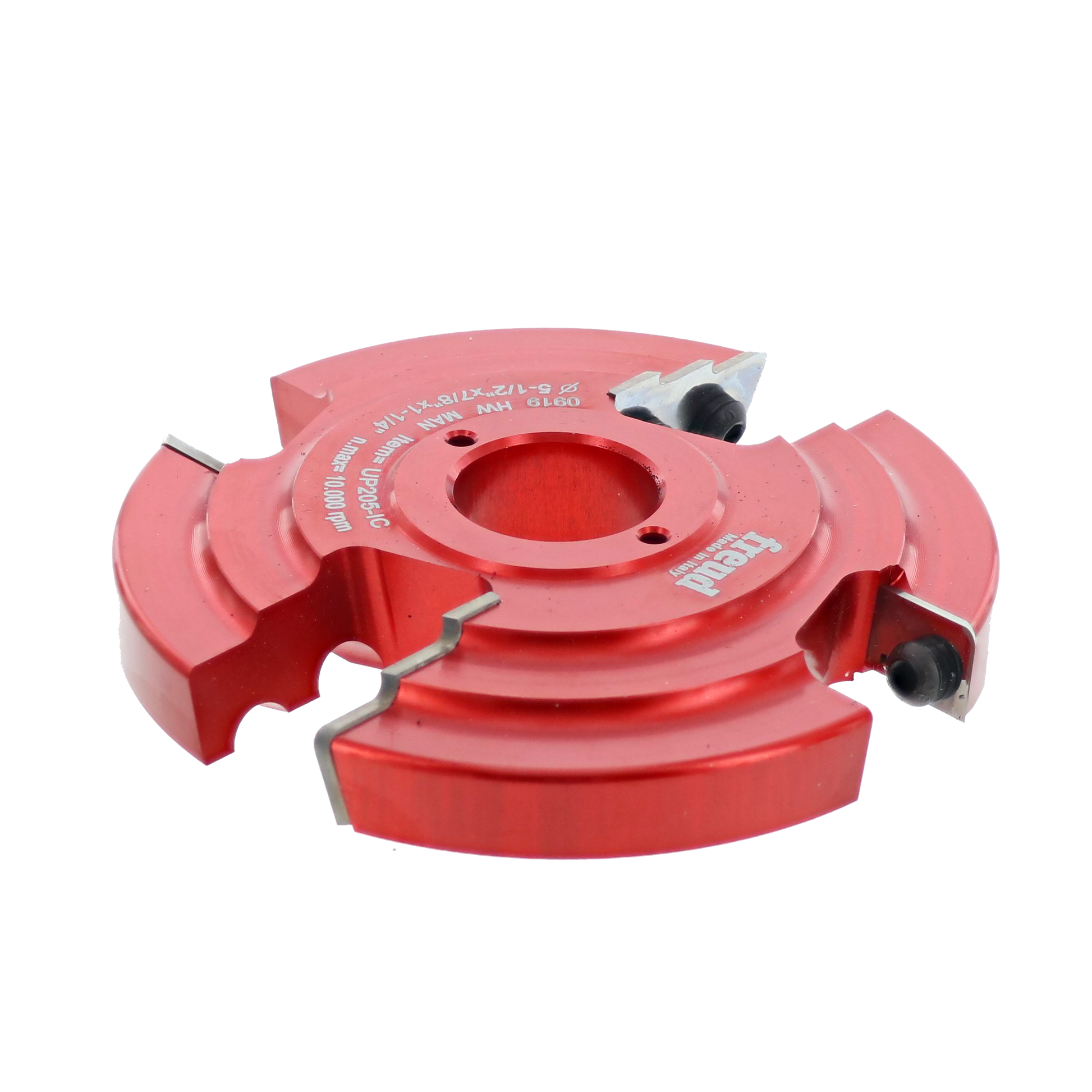 Red router bit with multiple cutting edges and central bore, mounted on white background.