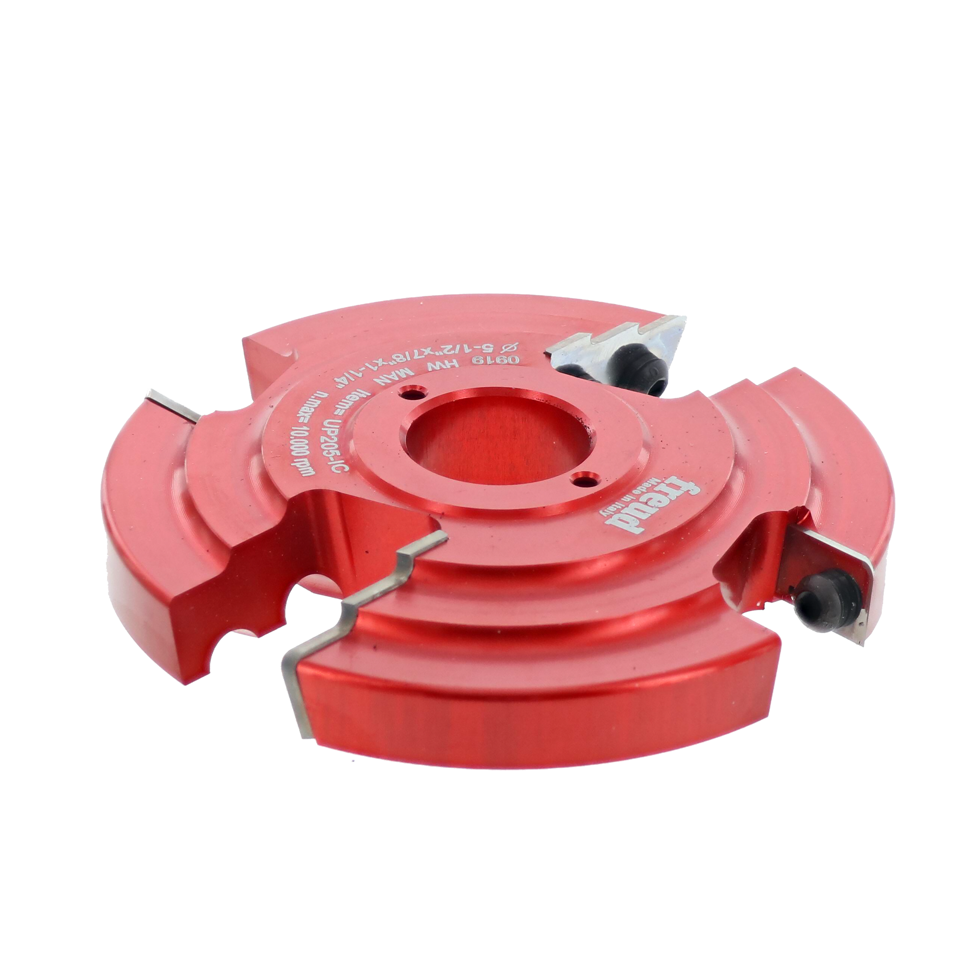 Red router bit with multiple cutting edges and central bore, mounted on white background.
