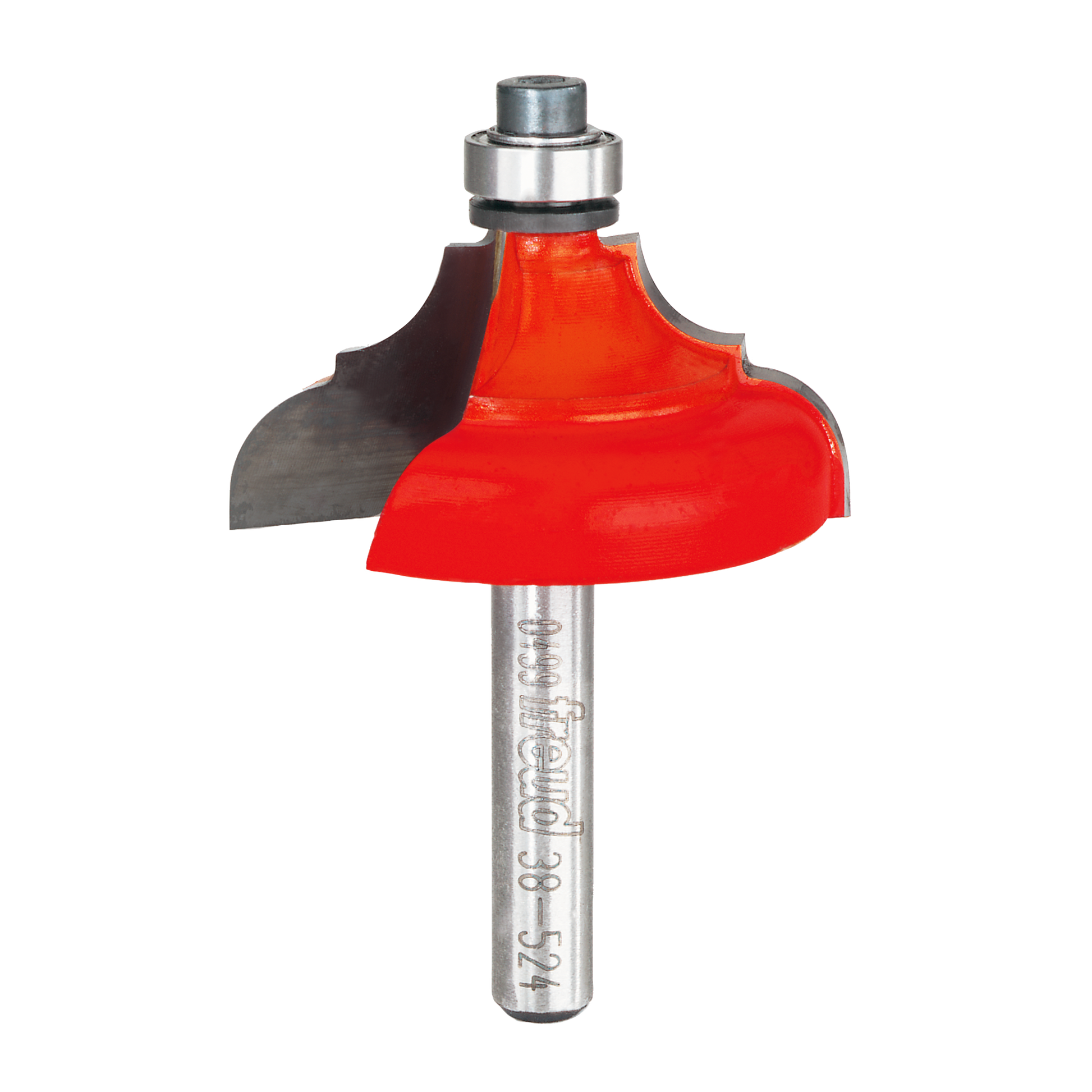 Freud router bit with red cutting head and silver shaft featuring classical cove and bead profile.