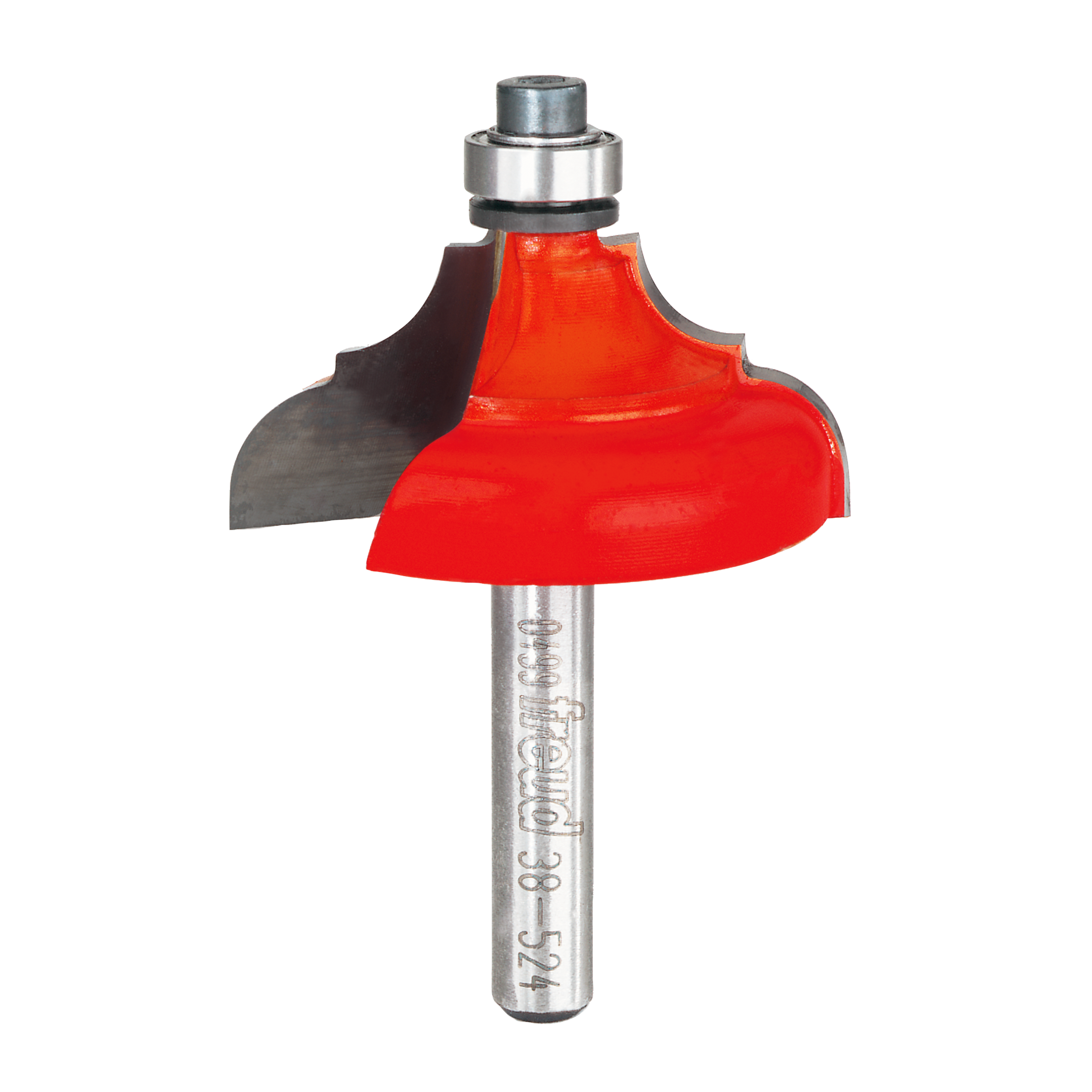 Freud router bit with red cutting head and silver shaft featuring classical cove and bead profile.