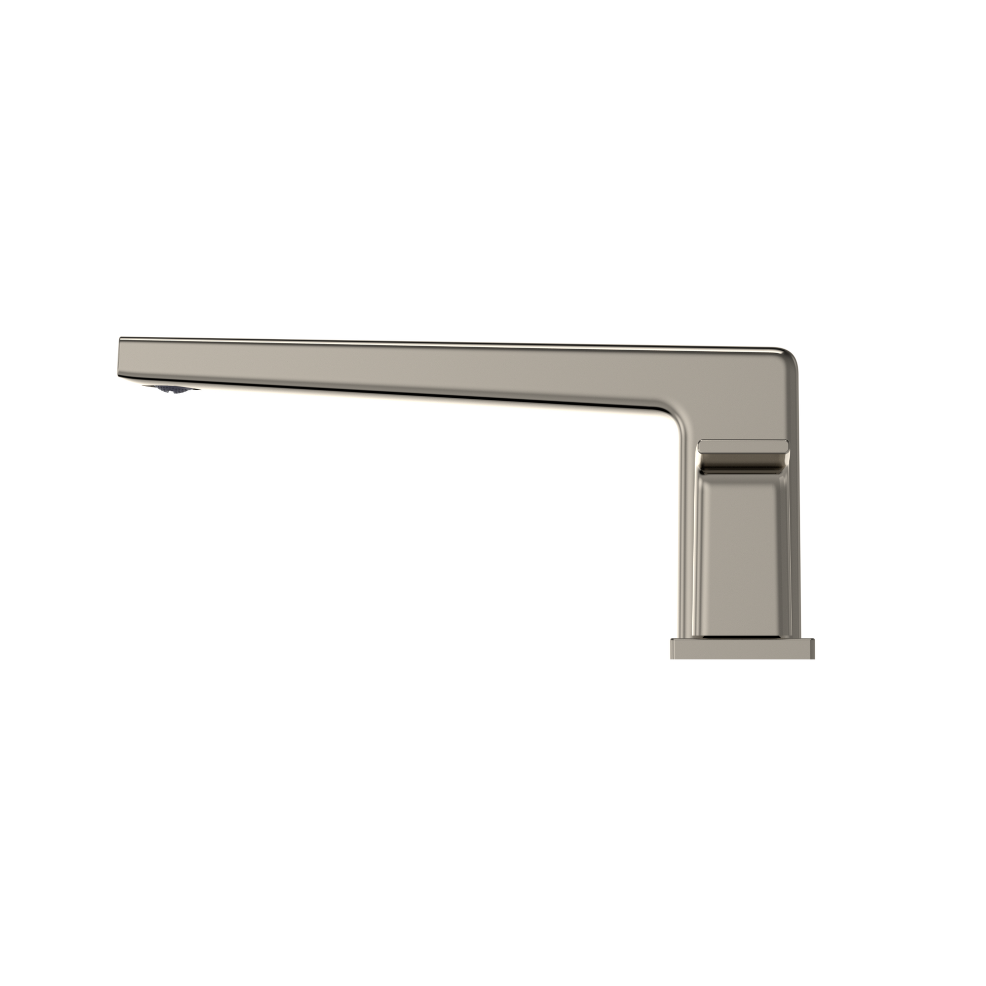 Polished nickel two-handle deck-mount roman tub filler with angled spout and rectangular handles.