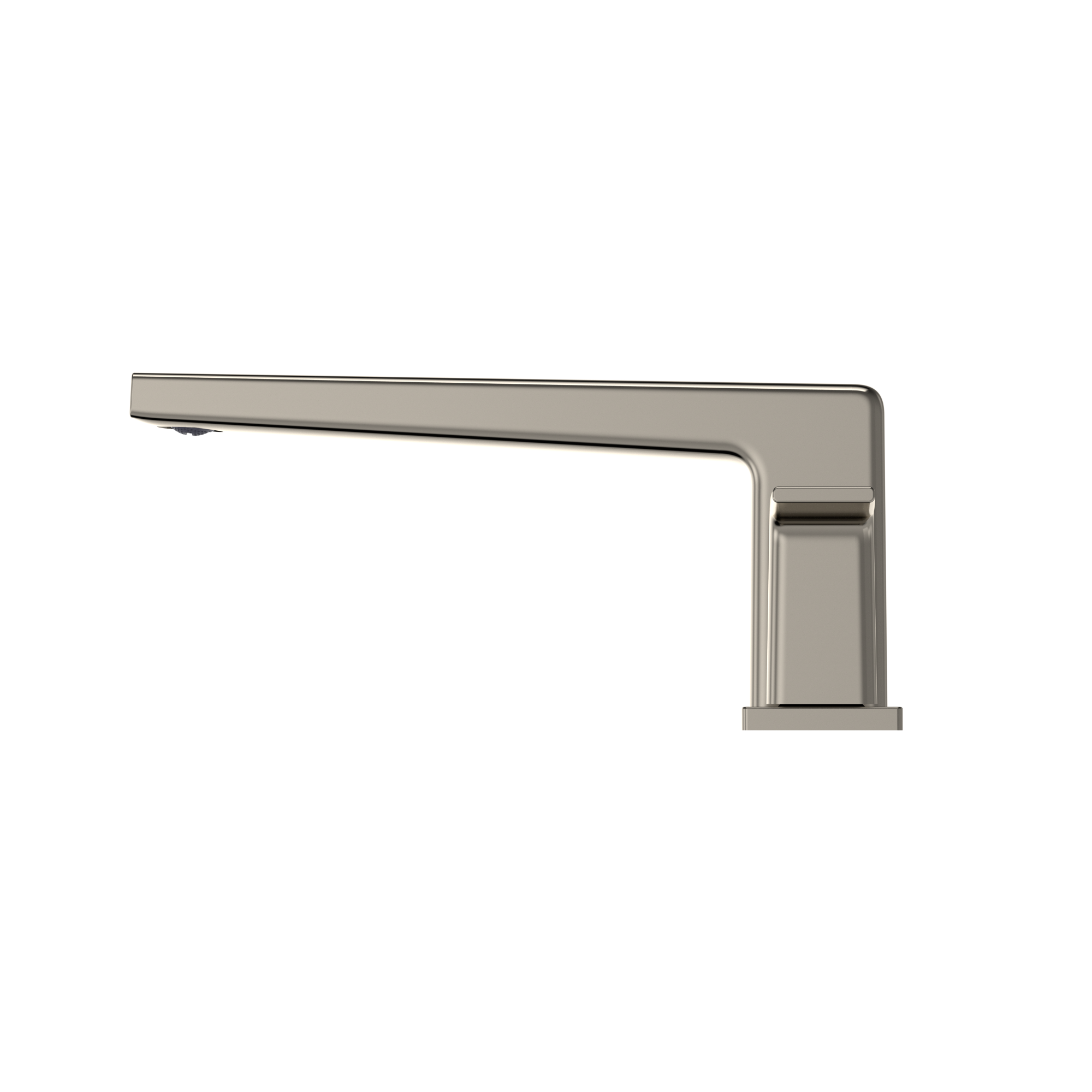 Polished nickel two-handle deck-mount roman tub filler with angled spout and rectangular handles.