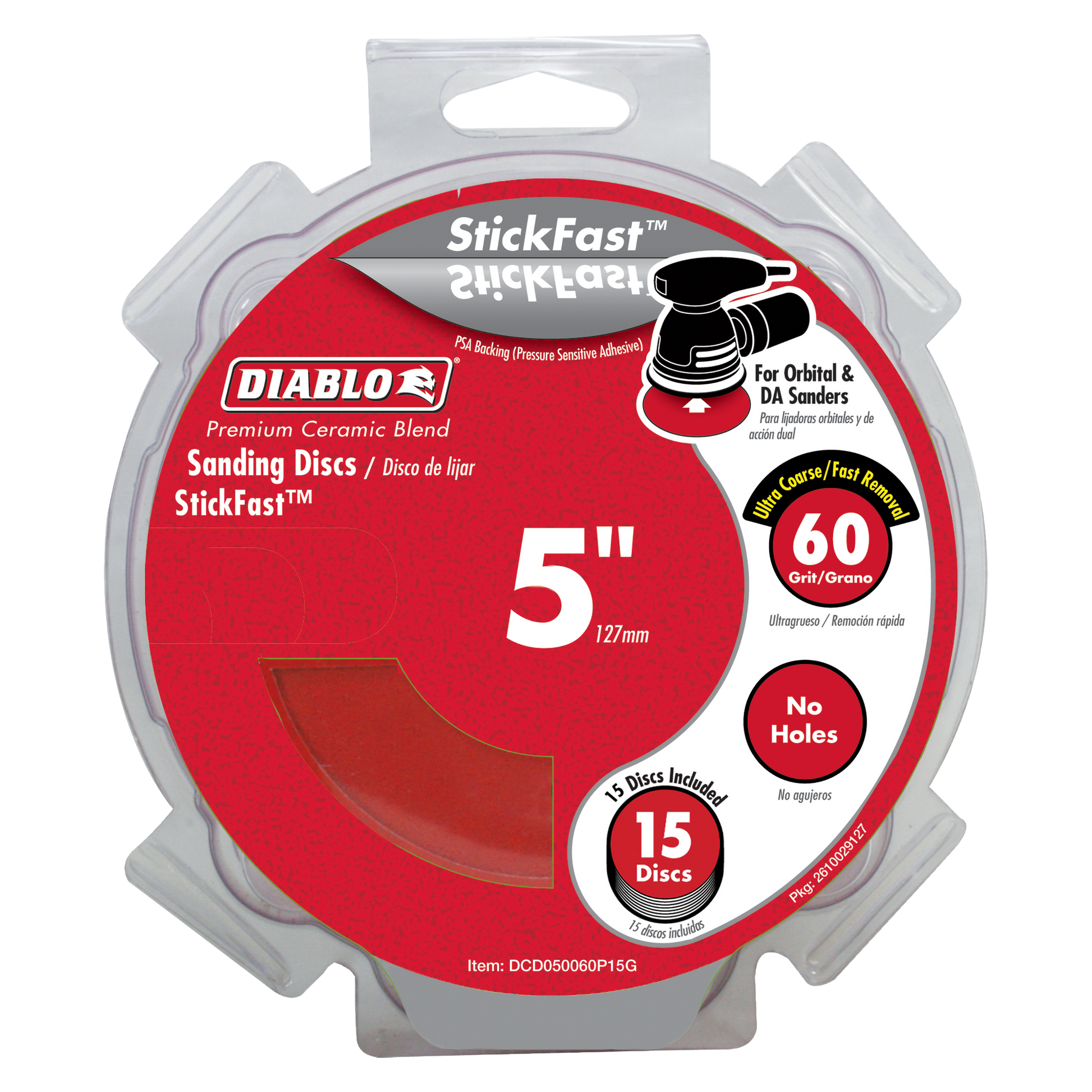 Five-inch Diablo StickFast sanding discs with 60-grit ceramic blend surface in clear plastic clamshell package.