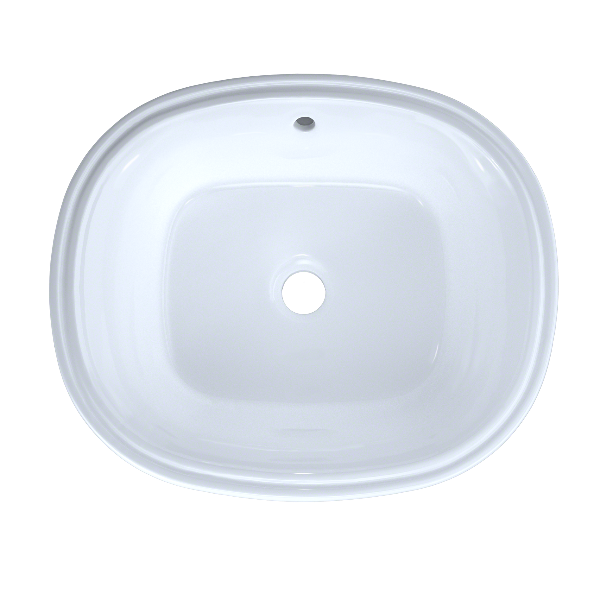 White oval undermount bathroom sink with single faucet hole, viewed from above.