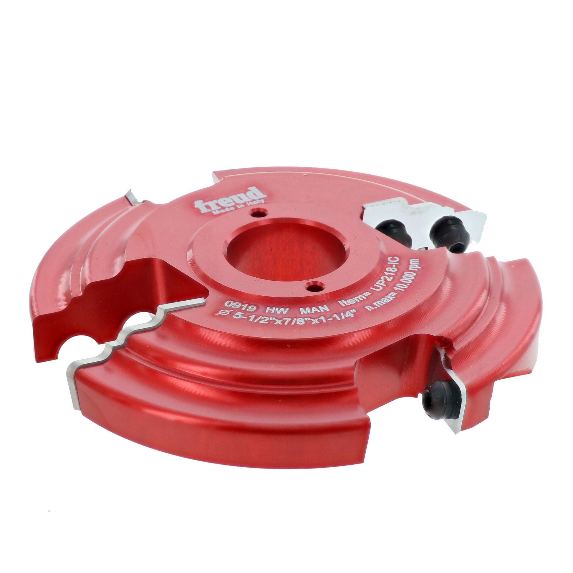 Red router cutter head with curved cutting profiles, center bore, and adjustment screws mounted on sides.