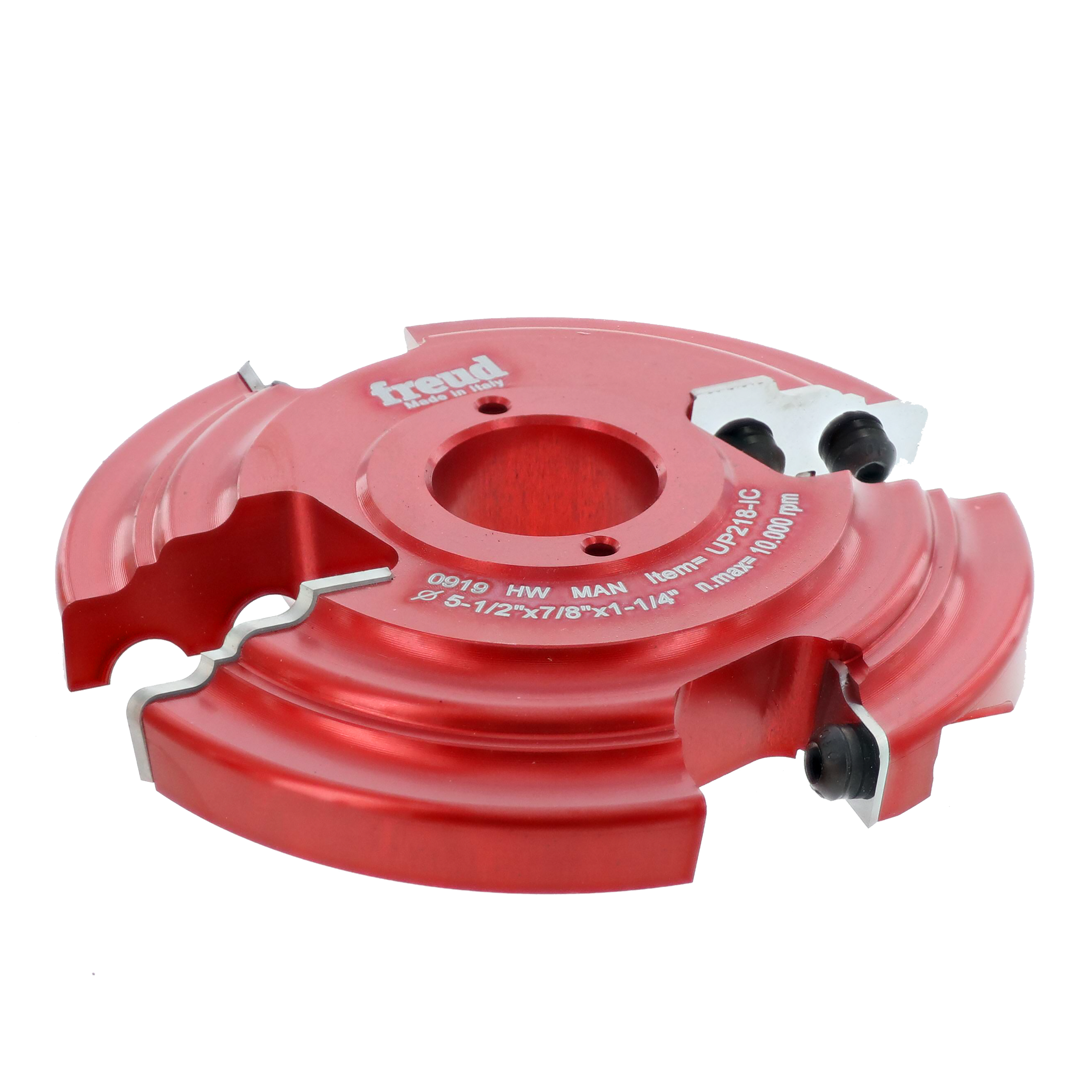 Red router cutter head with curved cutting profiles, center bore, and adjustment screws mounted on sides.