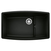 Coal black undermount kitchen sink with two unequal basins, chrome drain strainer, and divider.