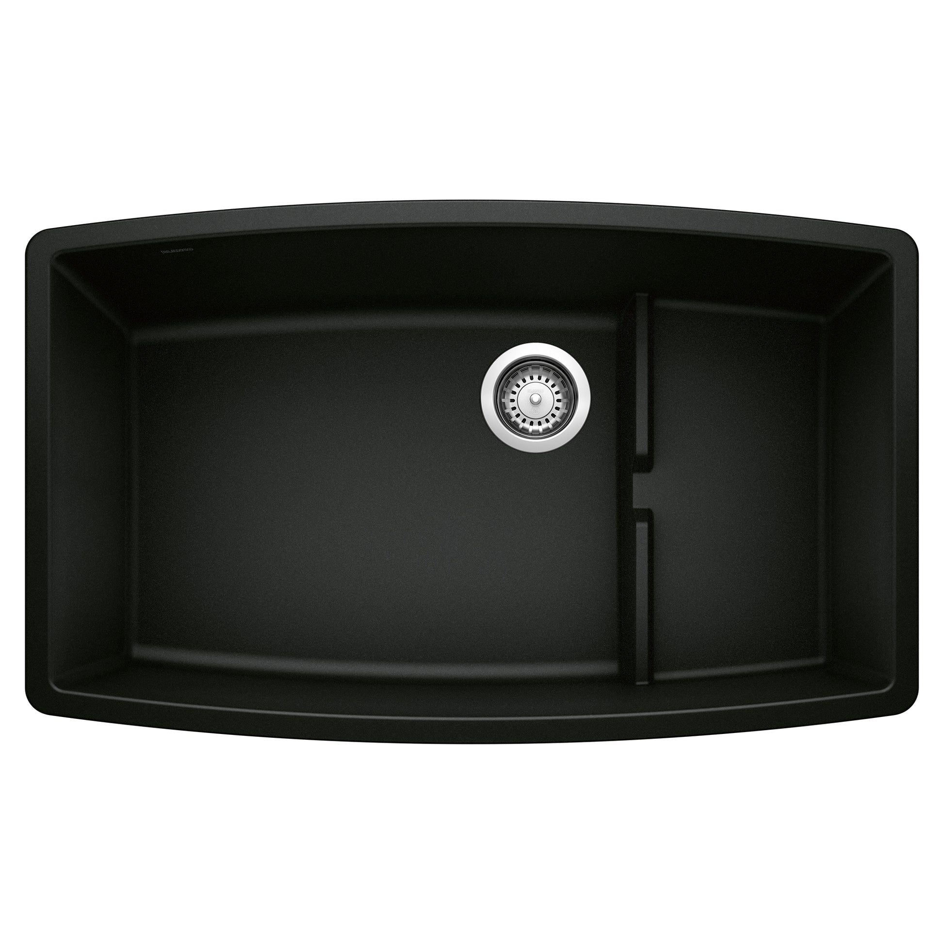 Coal black undermount kitchen sink with two unequal basins, chrome drain strainer, and divider.