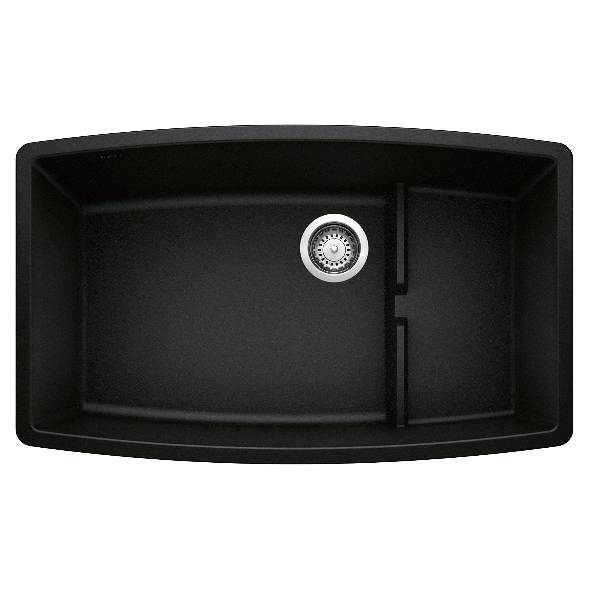 Coal black undermount kitchen sink with two unequal basins, chrome drain strainer, and divider.