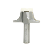 Silver router bit with rounded bowl-shaped cutting head and cylindrical shank with white collar top.