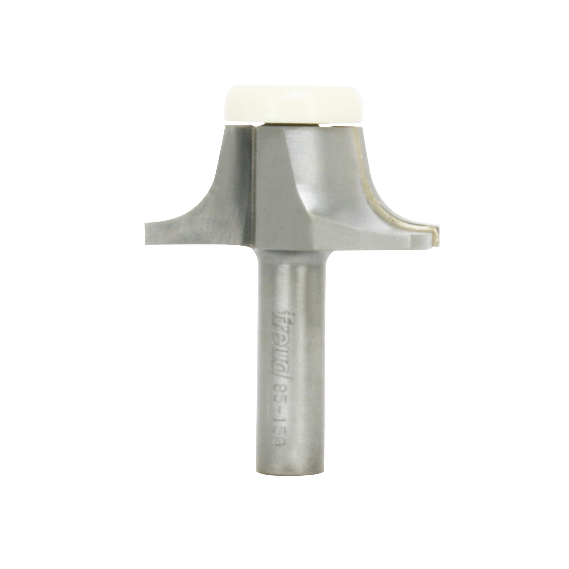 Silver router bit with rounded bowl-shaped cutting head and cylindrical shank with white collar top.