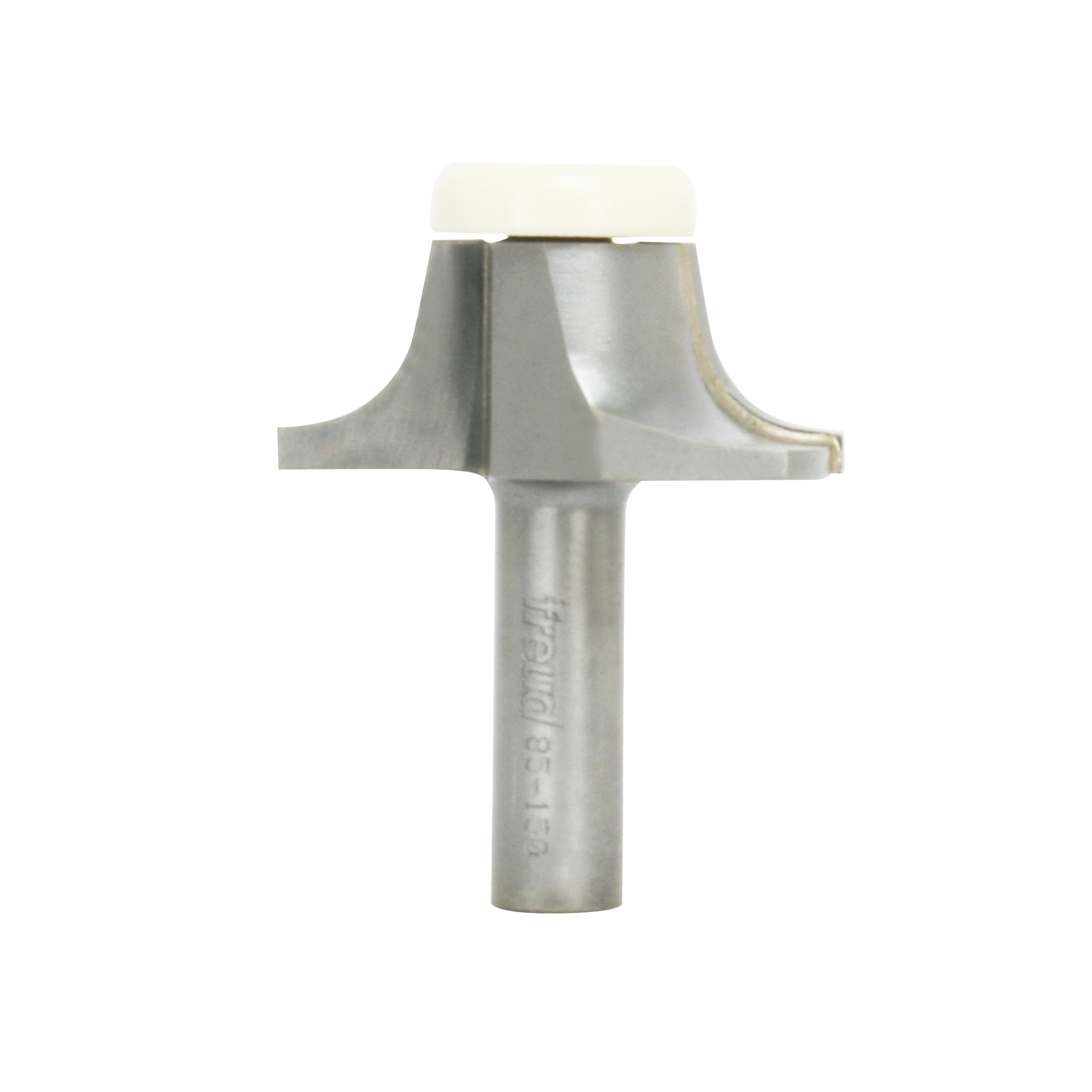 Silver router bit with rounded bowl-shaped cutting head and cylindrical shank with white collar top.