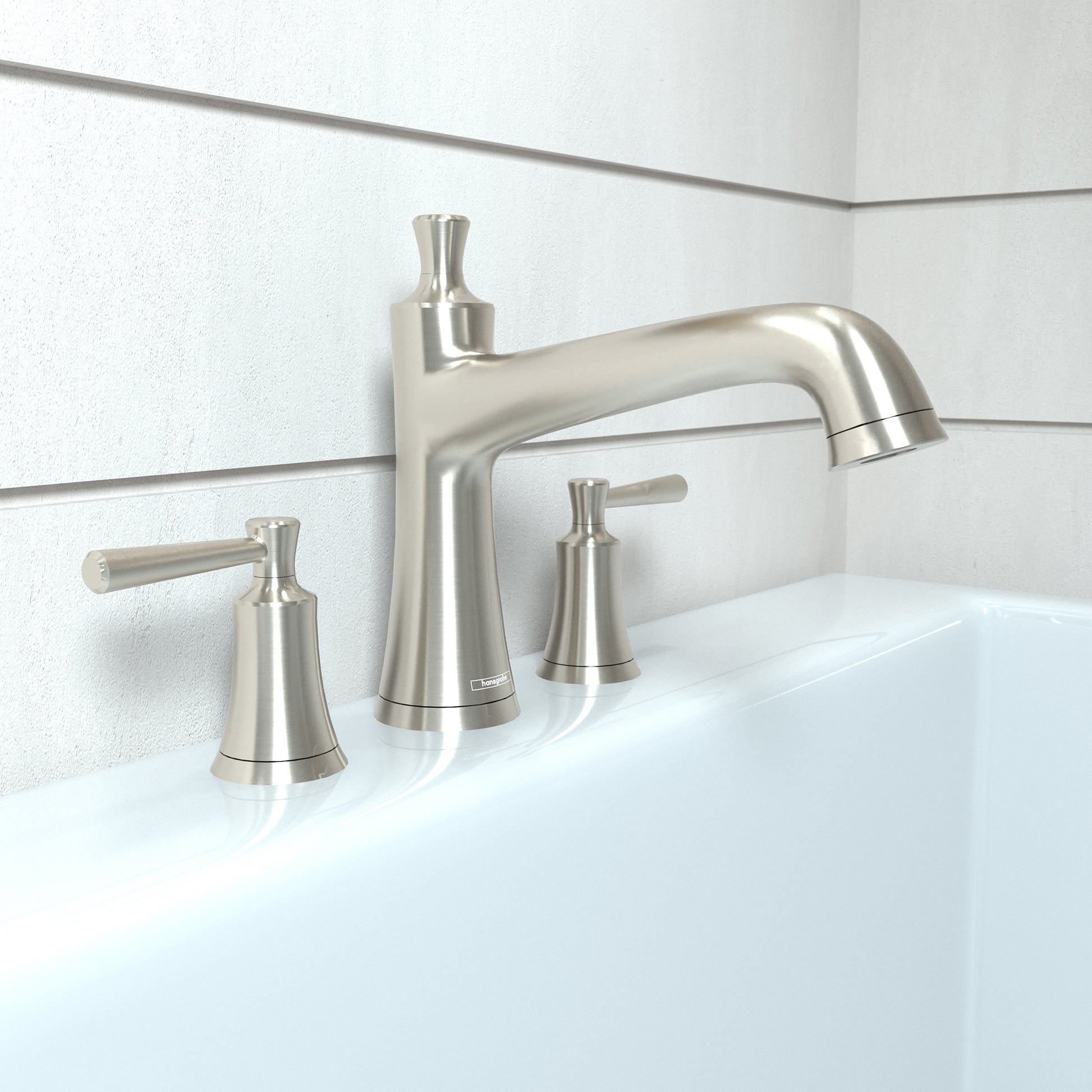 Brushed nickel three-hole roman tub faucet set with curved spout and lever handles mounted on white tile.