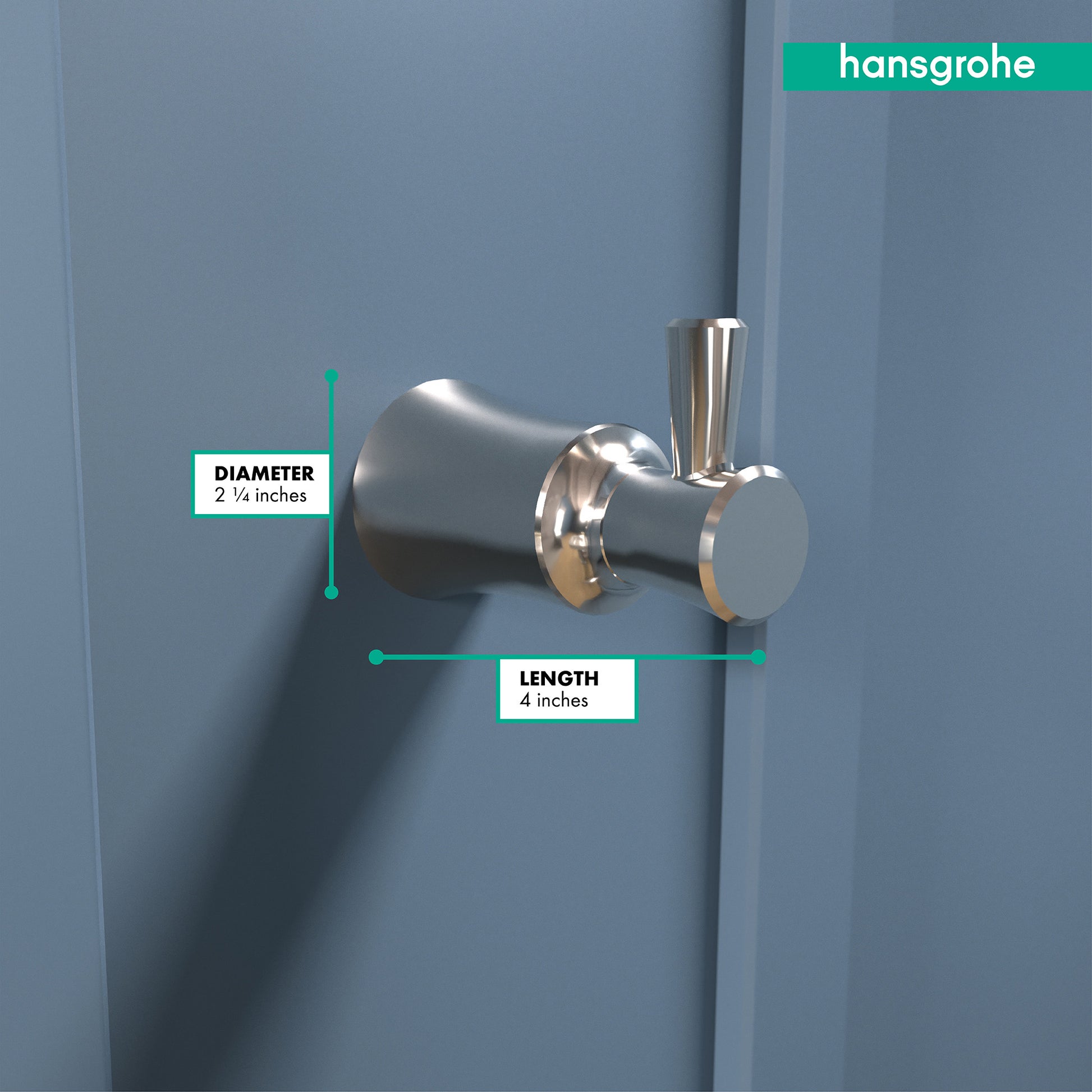 Polished nickel wall-mounted hook with cylindrical shaft and rounded base, 4 inches long and 2¼ inches in diameter.