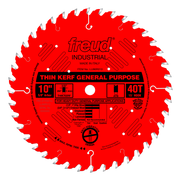Red circular saw blade with 40 teeth, silver-tipped teeth around edge, center arbor hole, and black text label on red surface