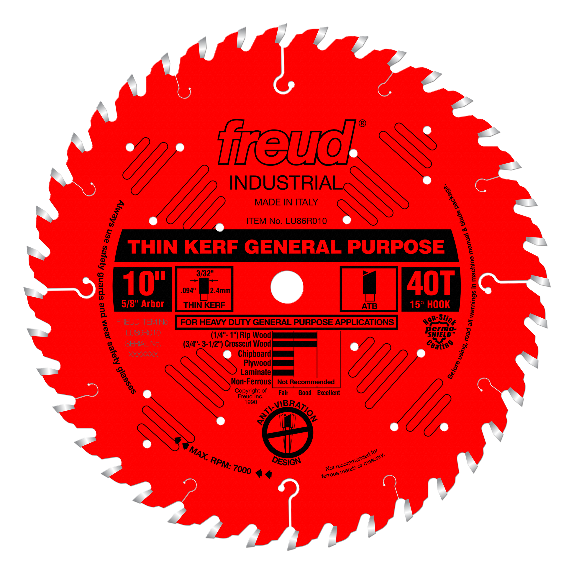 Red circular saw blade with 40 teeth, silver-tipped teeth around edge, center arbor hole, and black text label on red surface