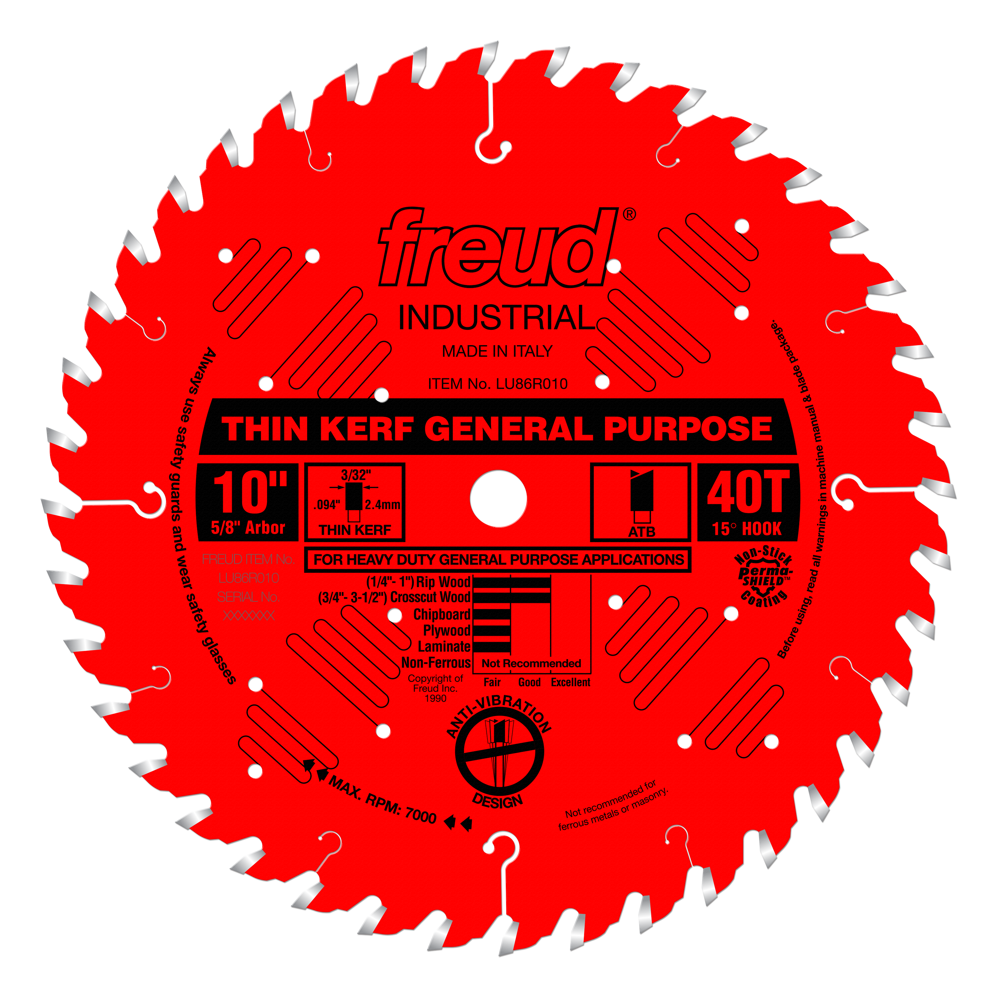Red circular saw blade with 40 teeth, silver-tipped teeth around edge, center arbor hole, and black text label on red surface