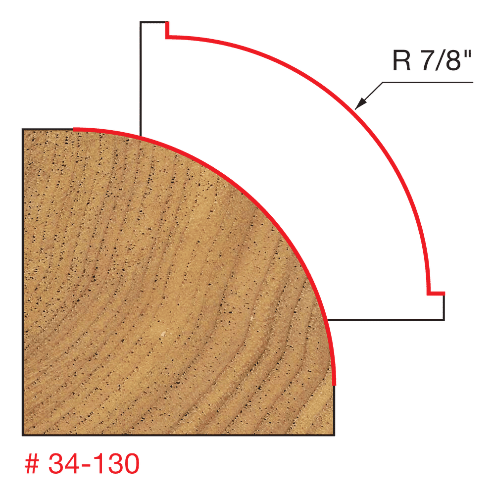 Cross-section diagram showing 7/8" radius rounded edge profile on wood with red cutting path outline.