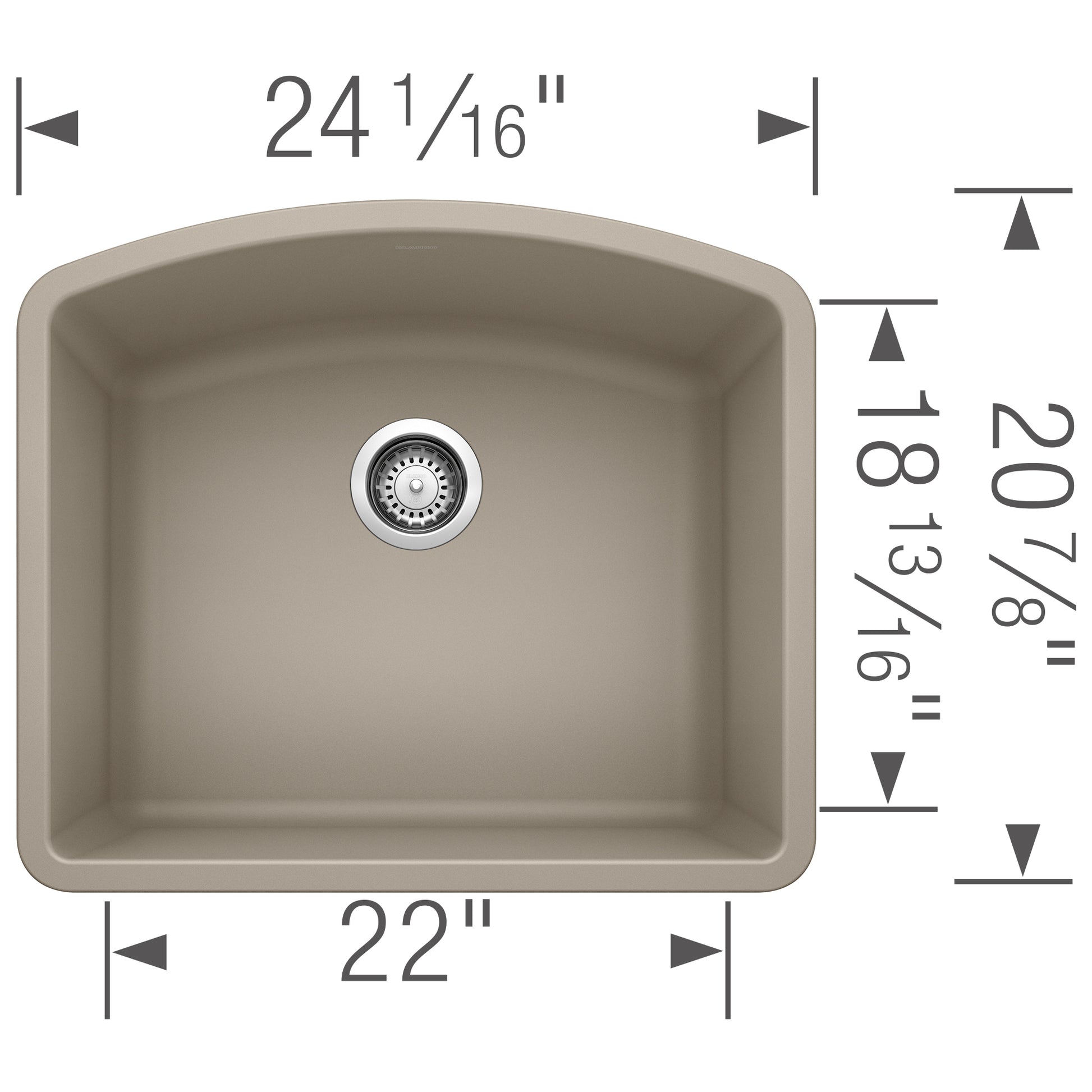 Truffle-colored single bowl undermount sink with rounded corners and chrome drain, measuring 24 1/16" wide by 20 7/8" deep.