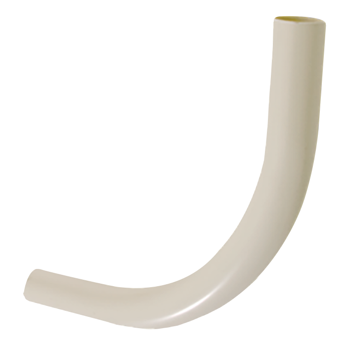 Cream-colored curved tube bend support with smooth J-shape design and brass fitting at top.