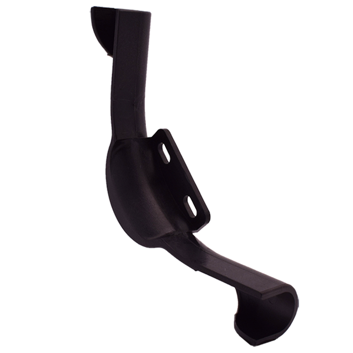 Black plastic bend support with rounded tube holder and nail tab mounting bracket for 1/2" tubing.