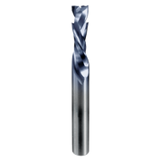 Silver metal router bit with twisted flutes and double compression cutting edges on white background.