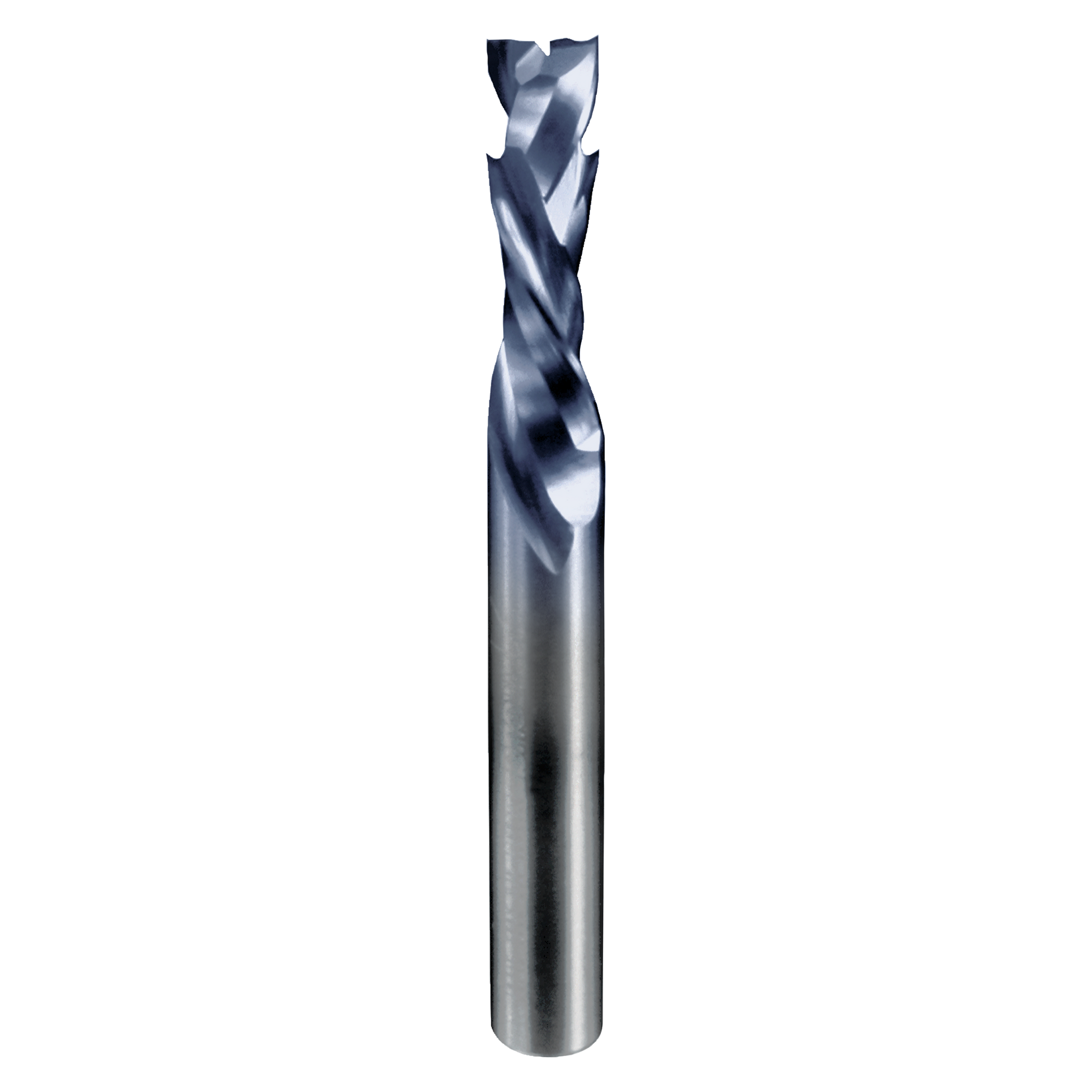 Silver metal router bit with twisted flutes and double compression cutting edges on white background.