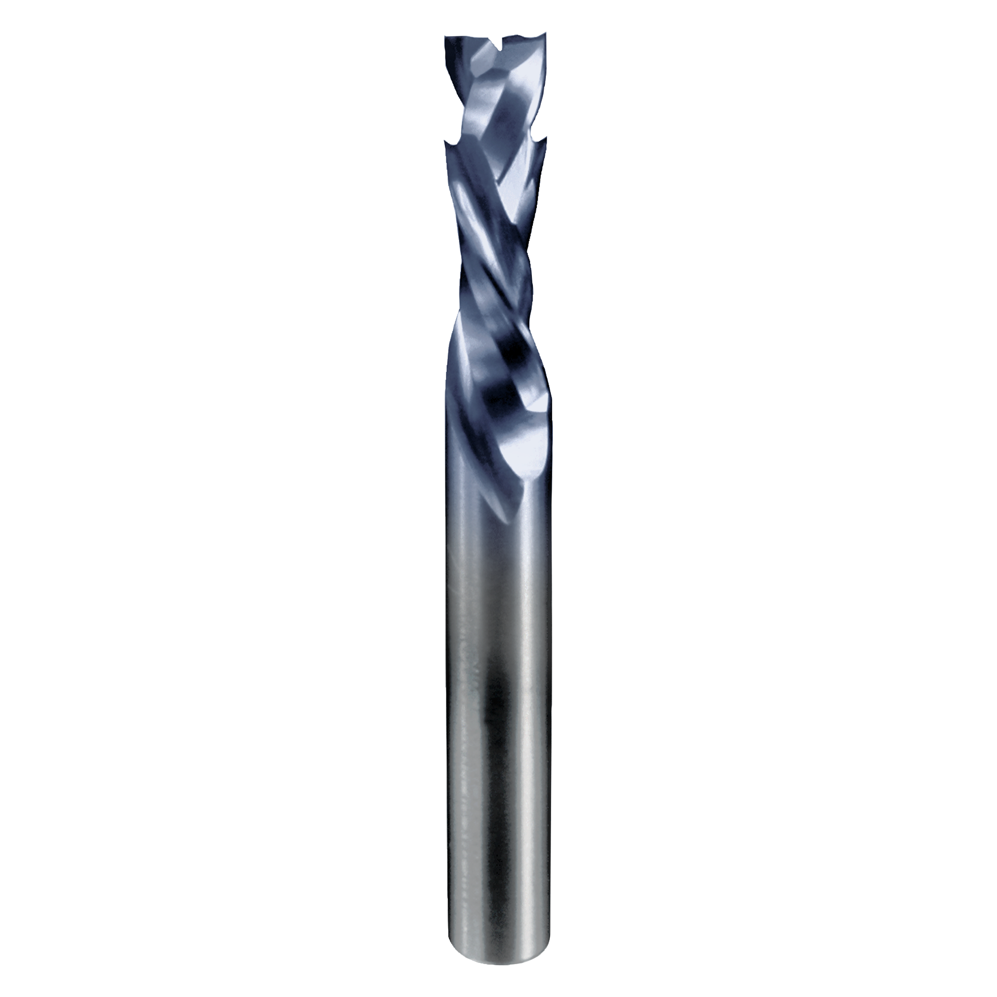 Silver metal router bit with twisted flutes and double compression cutting edges on white background.