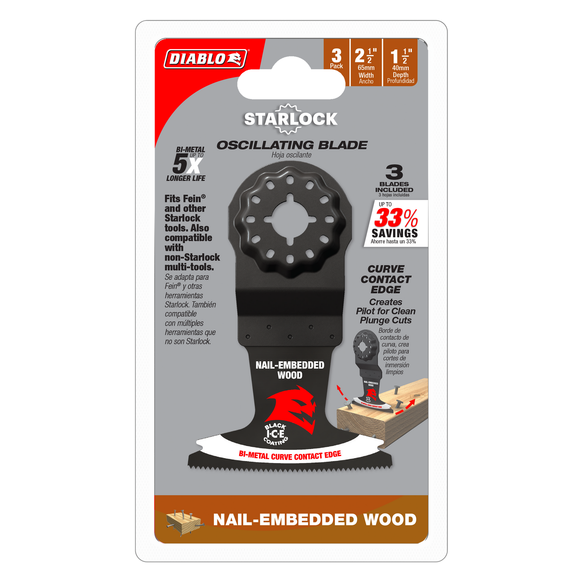 Three Diablo Starlock bi-metal oscillating blades with curved contact edge and circular attachment head for cutting nail-embe
