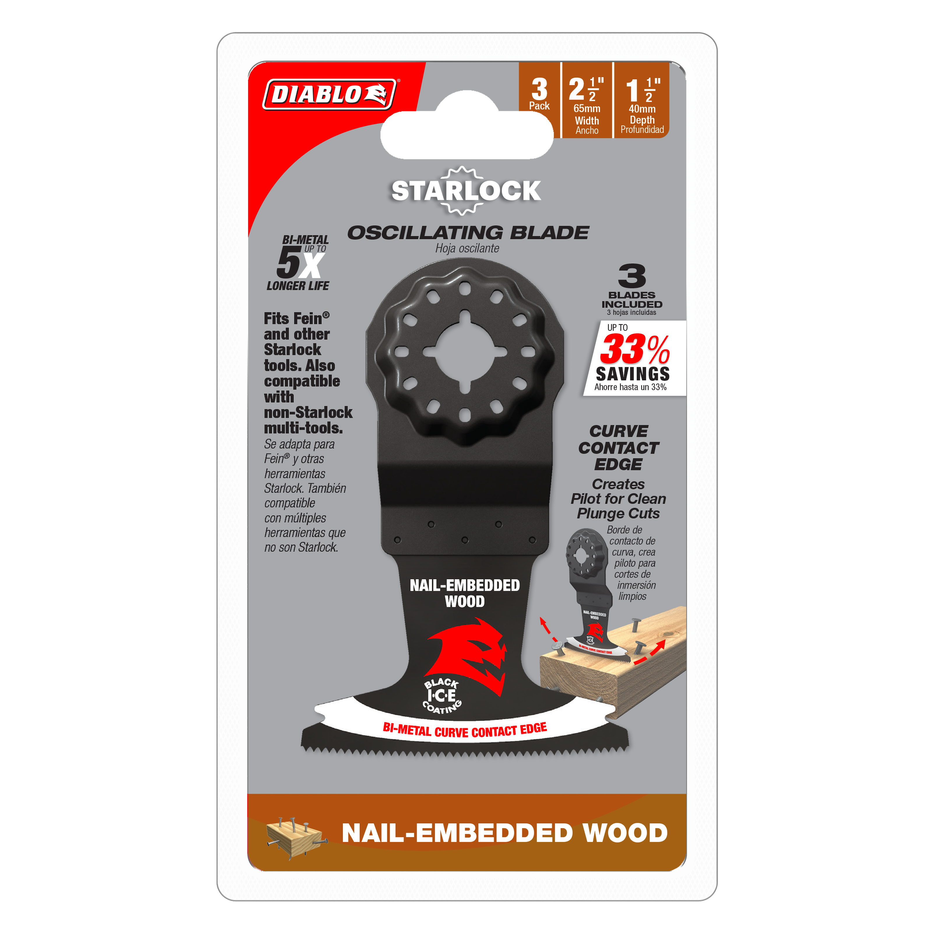 Three Diablo Starlock bi-metal oscillating blades with curved contact edge and circular attachment head for cutting nail-embe