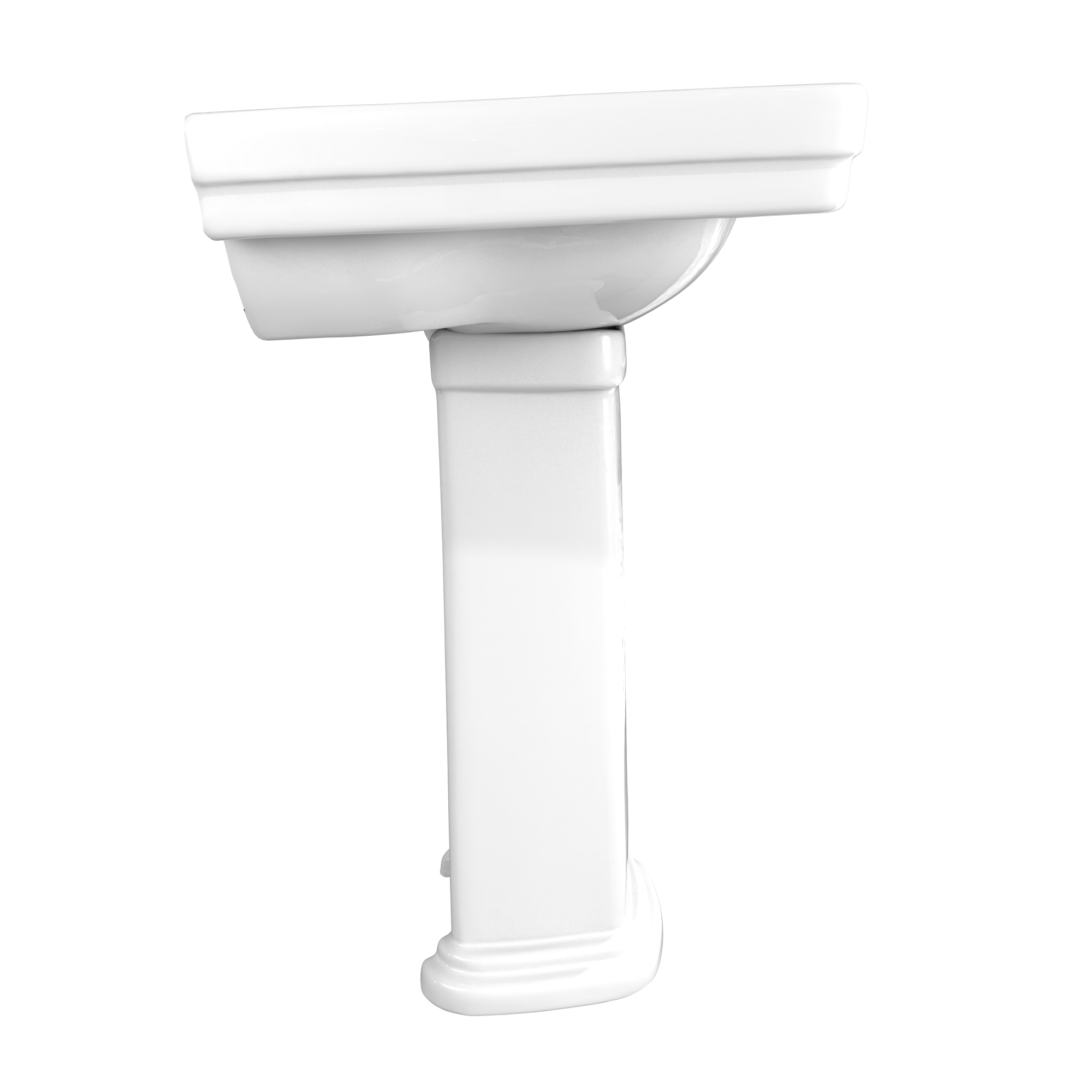 White ceramic pedestal sink with rectangular basin and decorative rim, mounted on cylindrical pedestal base.