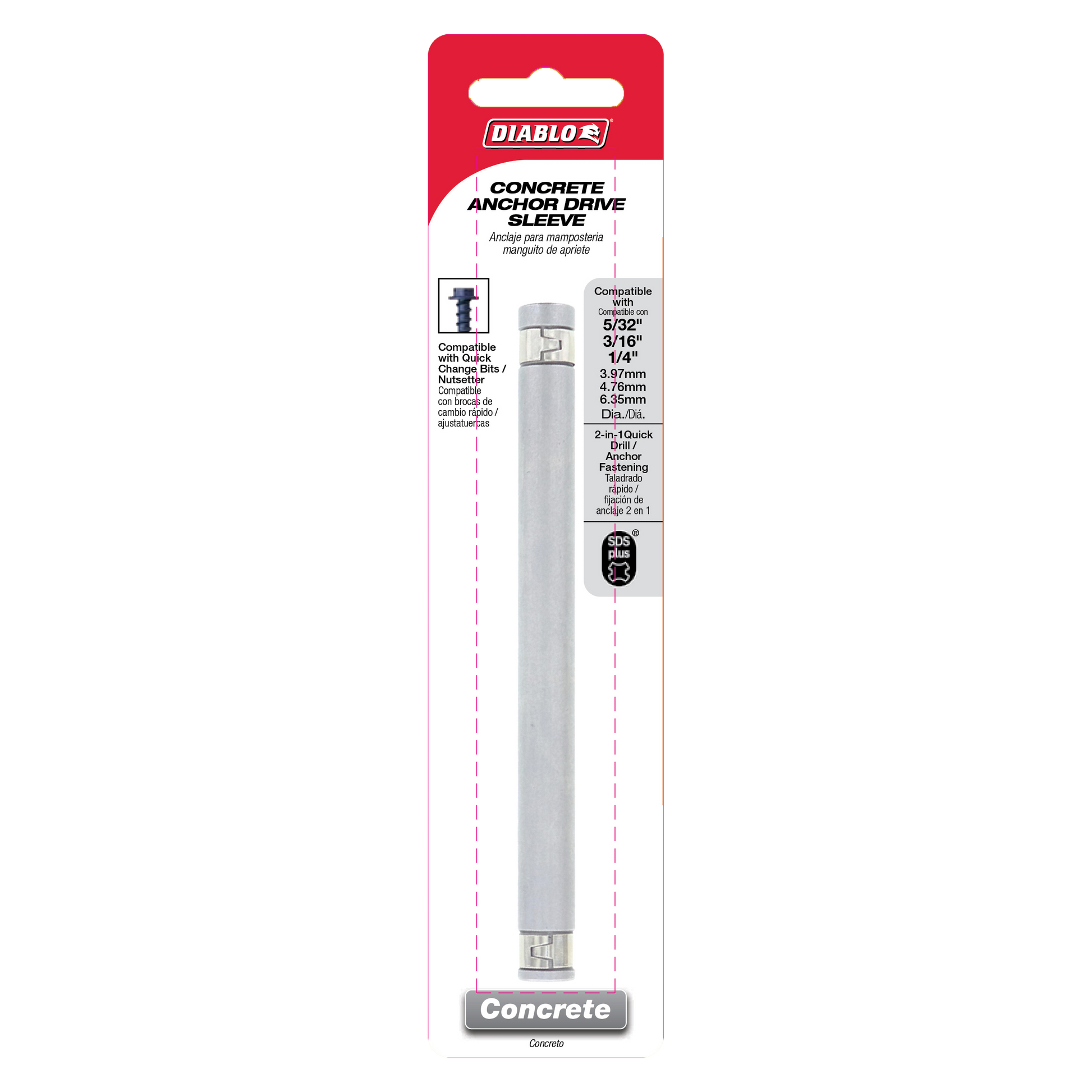 Diablo concrete anchor drive sleeve in packaging showing long gray cylindrical tool with SDS-Plus compatibility details.