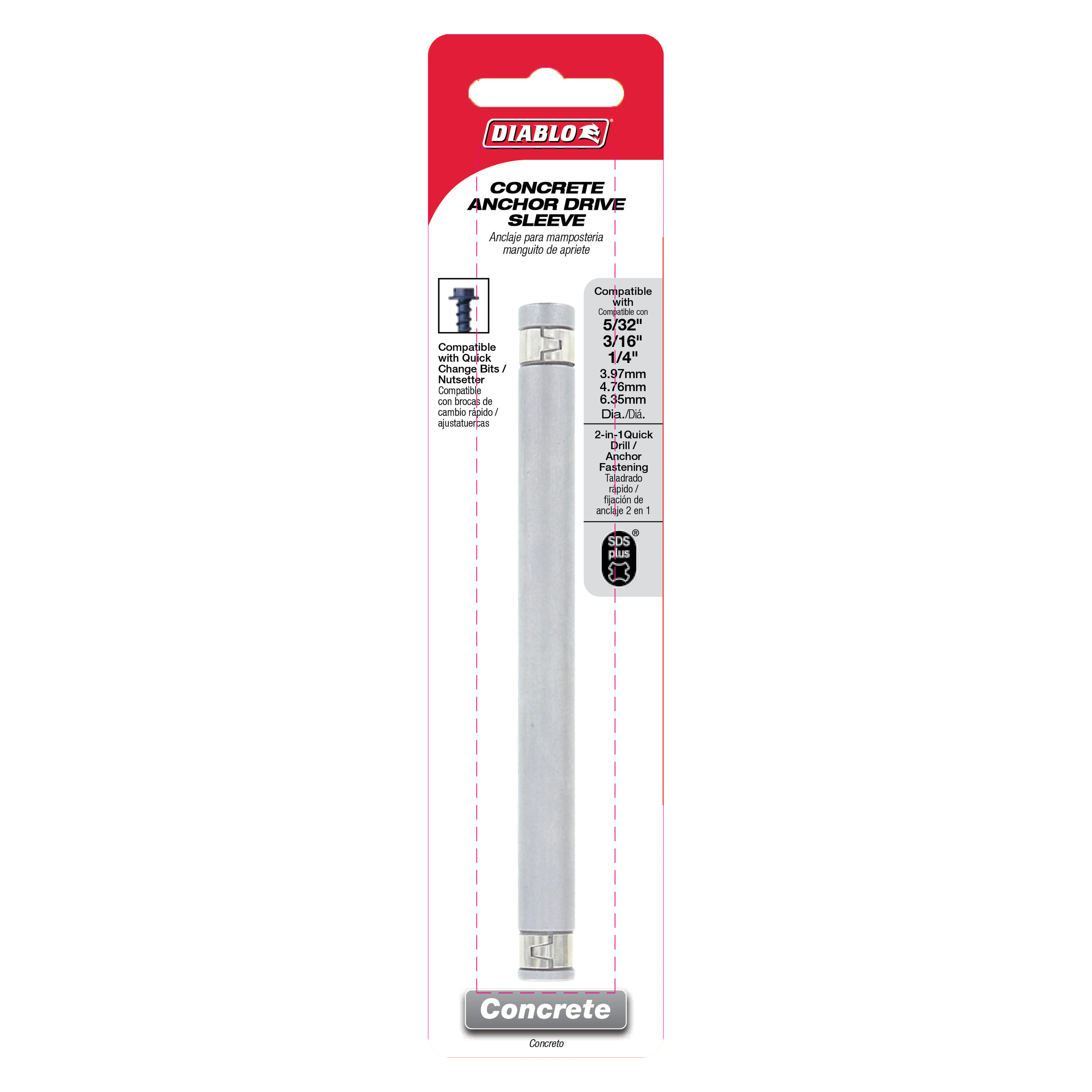 Diablo concrete anchor drive sleeve in packaging showing long gray cylindrical tool with SDS-Plus compatibility details.
