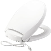 White round plastic toilet seat with heated function and attached power cord.