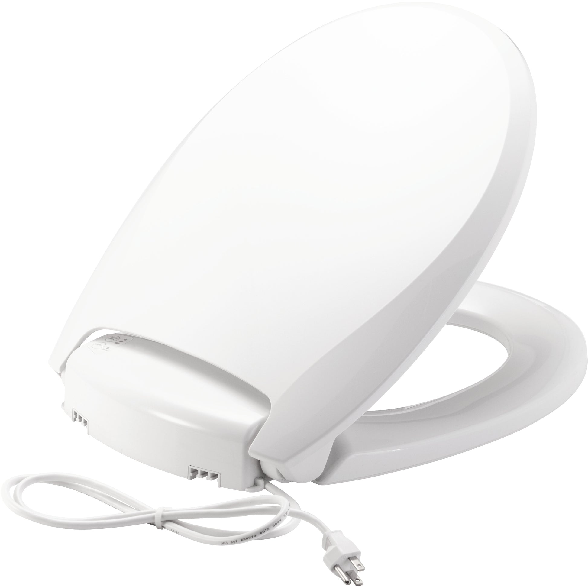 White round plastic toilet seat with heated function and attached power cord.