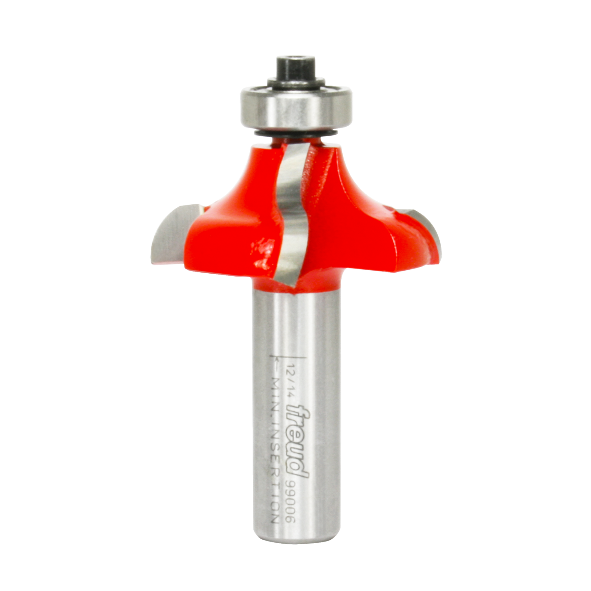 Freud ogee router bit with red cutting head and silver metal shank, featuring rounded decorative profile edge.