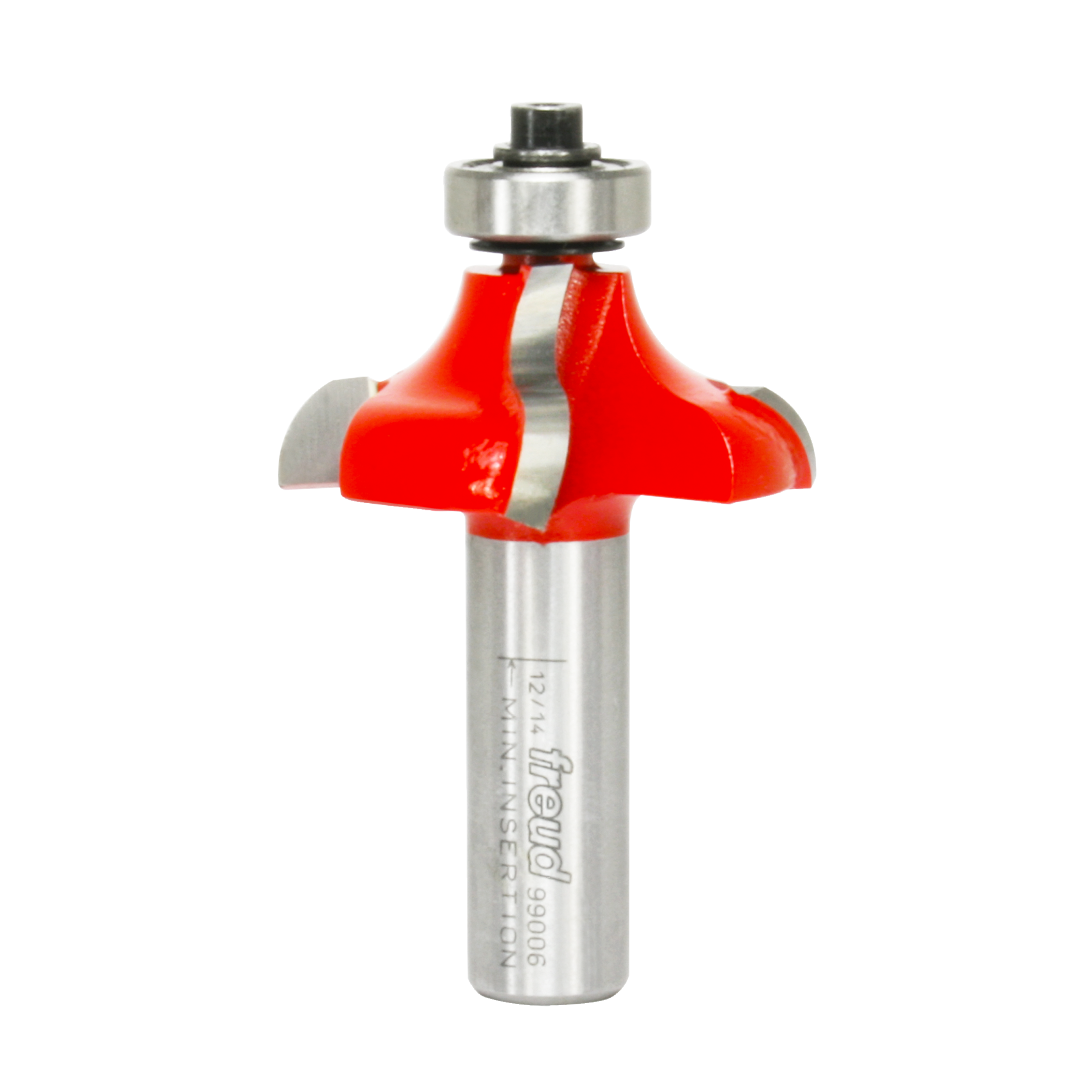 Freud ogee router bit with red cutting head and silver metal shank, featuring rounded decorative profile edge.